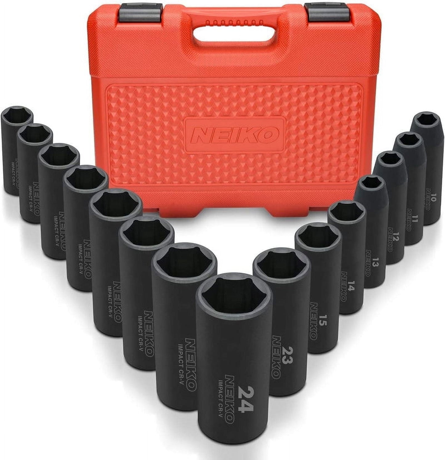 NEIKO 02474A 1/2" Impact Socket Set, 15 Piece Metric Socket Set 10-24 mm, Deep Sockets, 6 Point, 1/2â€ Drive Sockets for 1/2" Impact Wrench, Chrome Vanadium Cr-V