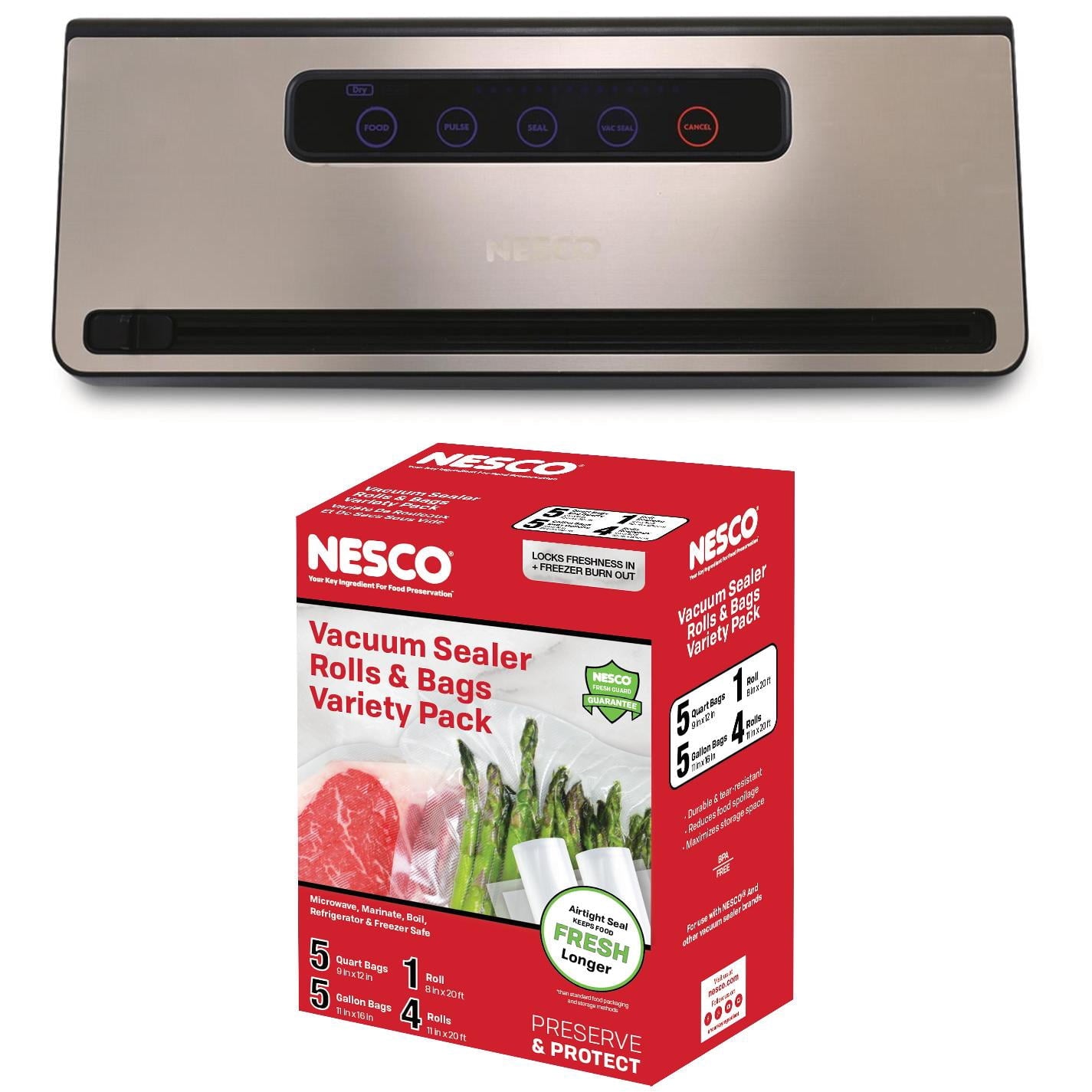 NESCOÂ® VS-101S Automatic Vacuum Sealer & Rolls/Bags Variety Bundle, One-Touch Food Saver Kit for Freezer Storage & Sous Vide Cooking