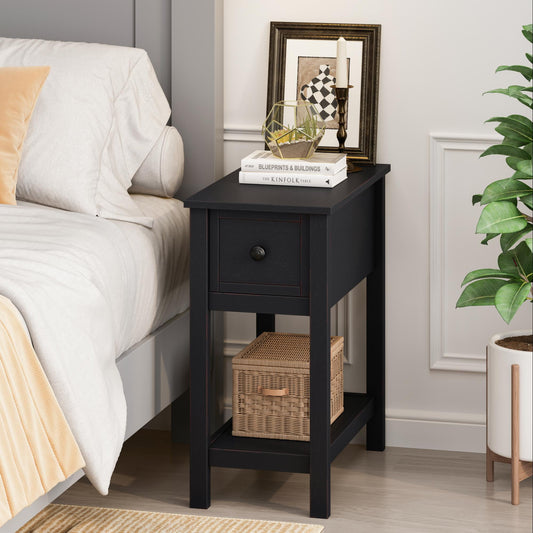 Mesa Estrecha Que Ahorra Espacio con 1 CajÃ³n y 1 Estante Fijo, Acabado en Chapa MarrÃ³n Oscuro, Perfecta Como Mesa Auxiliar para Sala de Estar O Mesita de Noche para Dormitorio