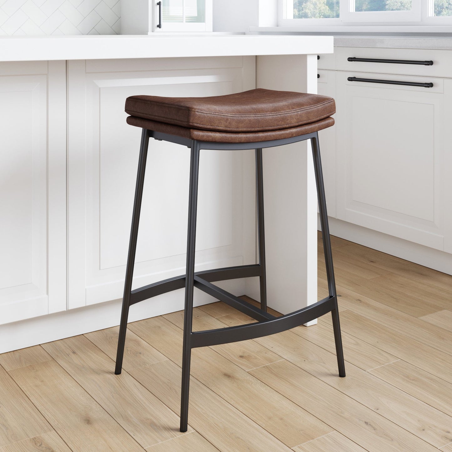 Nathan James Arlo Modern Backless Upholstered Kitchen Counter Bar Stool with Saddle Seat and Metal Base, Grey/ Matte Black