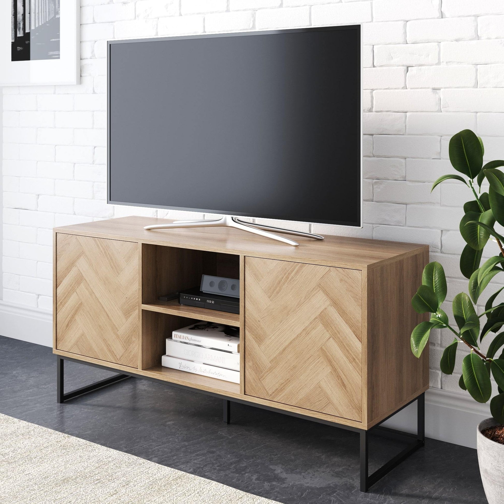 Nathan James Dylan Gabinete de Consola de Medios para TV con Almacenamiento Oculto, PatrÃ³n de Espiga, Madera y Metal, Roble/negro