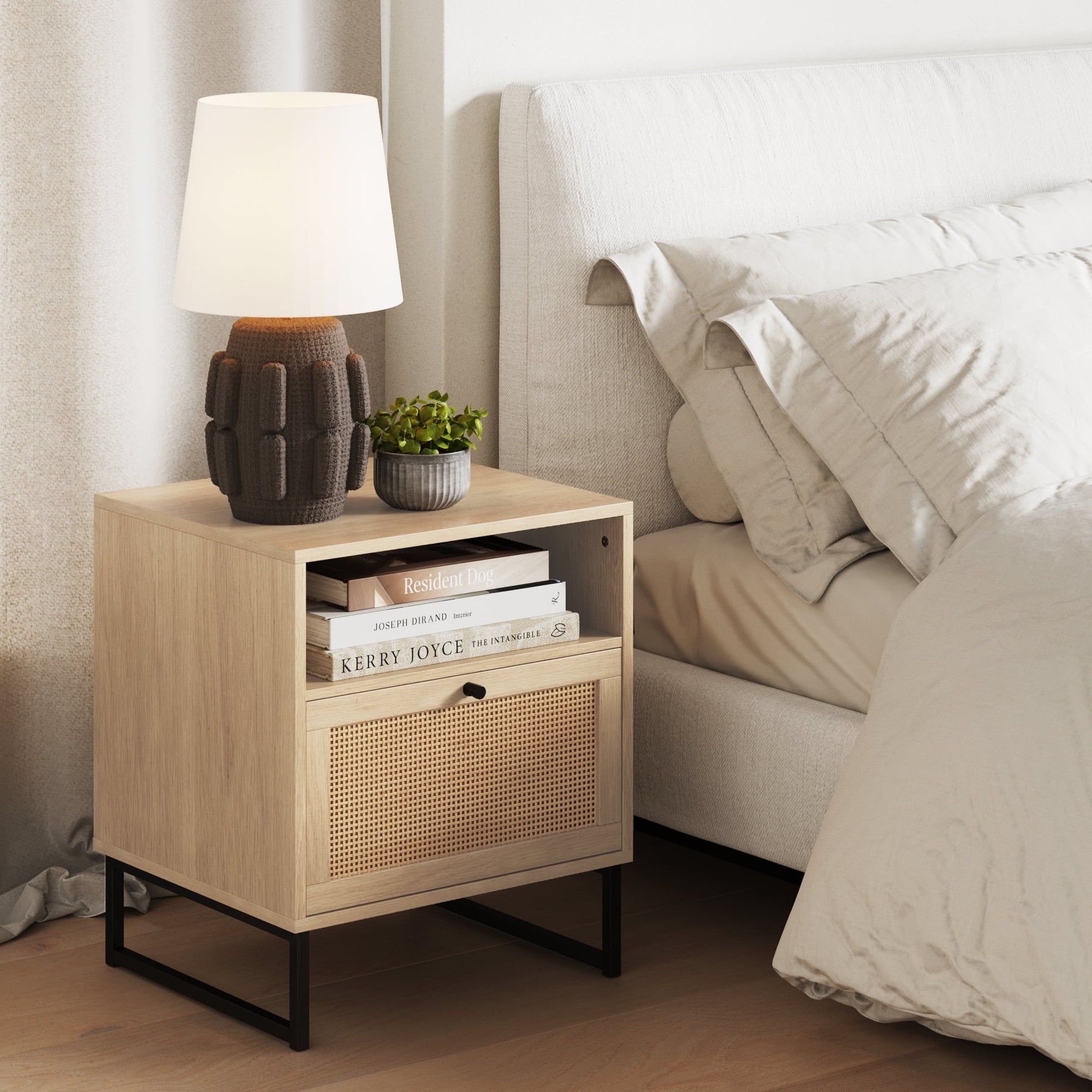 Nathan James Mina Square End Table with Rattan Drawer, White/Gold
