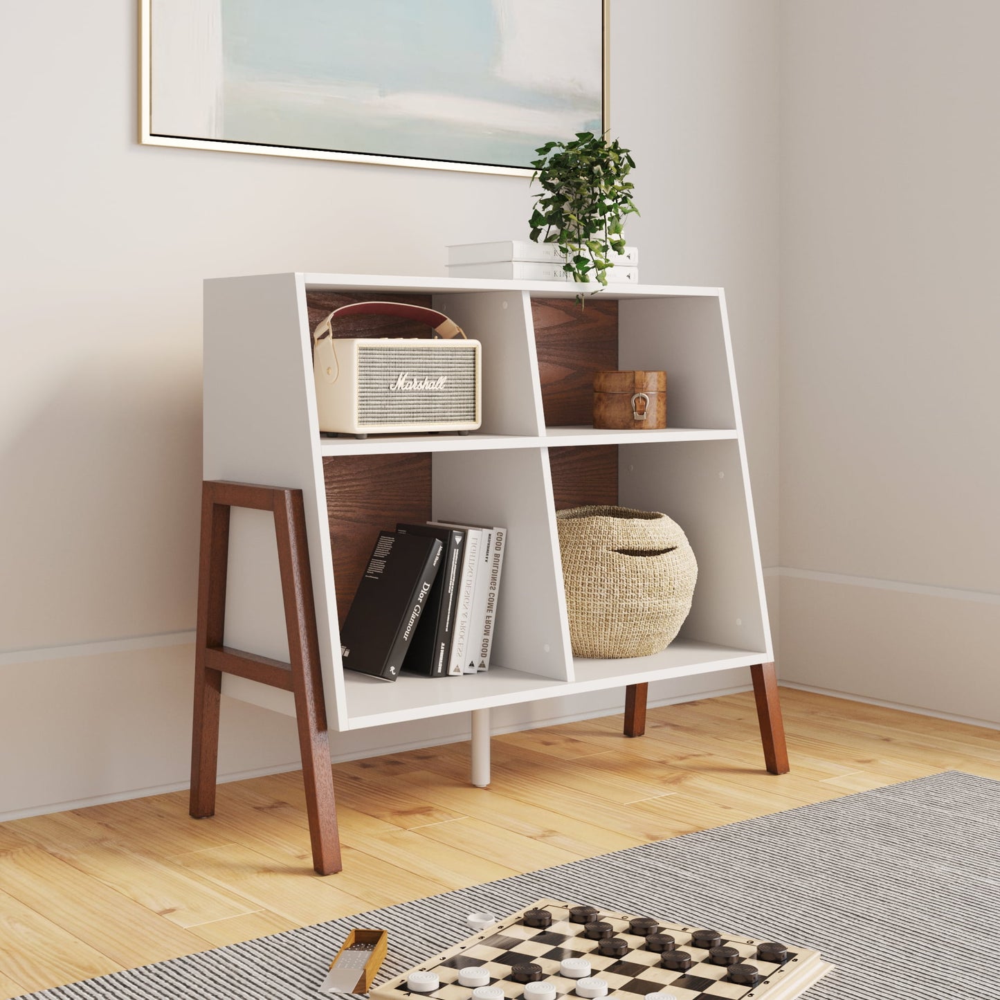 Nathan James Telos Glossy White and Brown Angled Design 4-Cube Storage Organizer, Open Shelf Bookcase