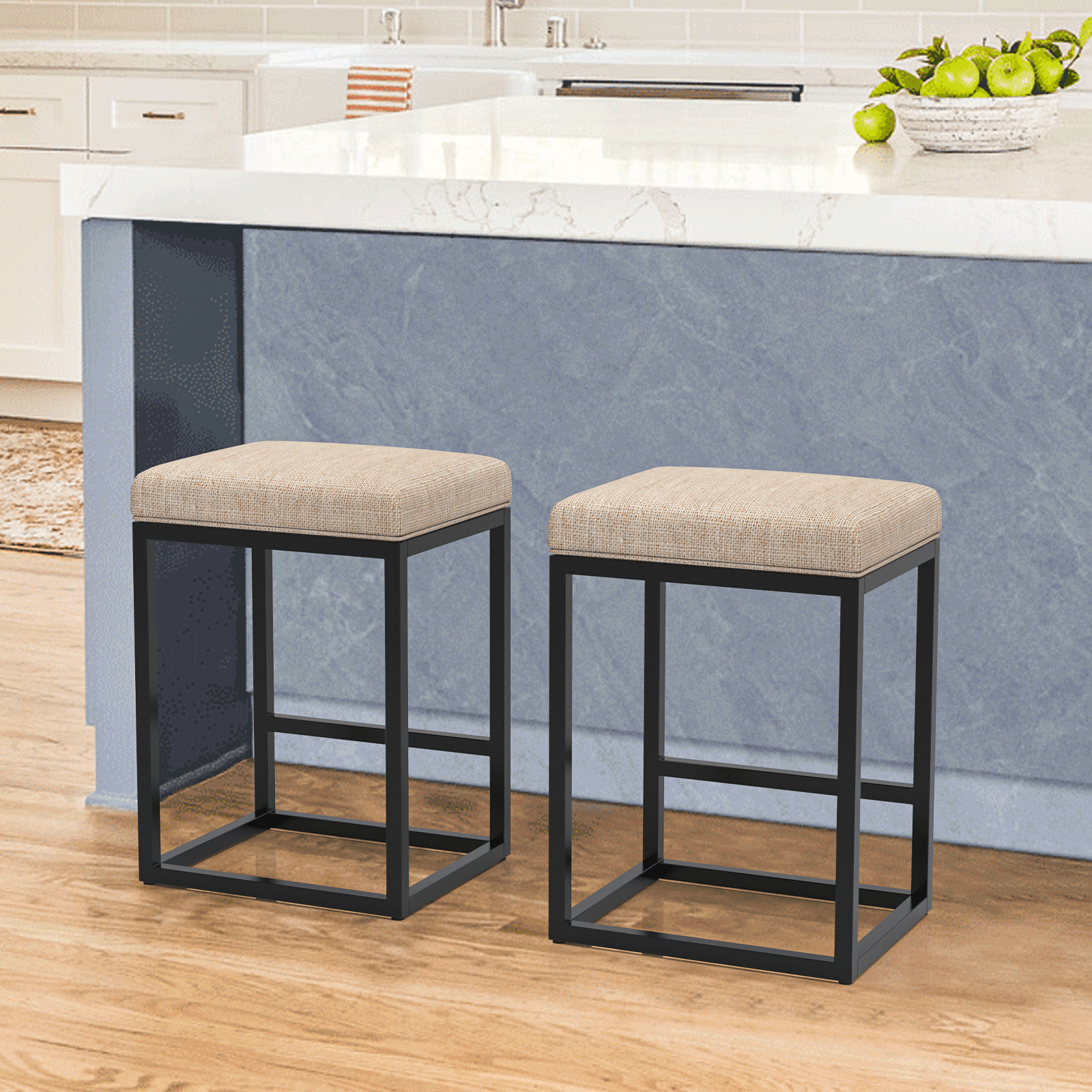 Nathaniel Home 24 Inch Bar Stools Set of 2, Modern PU Leather Metal Barstool, Backless Kitchen Dining Cafe Stool, Upholstered Bar Stool with Footrest, Beige