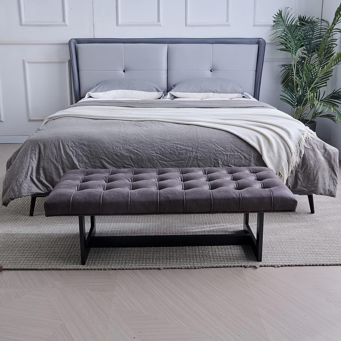 Nathaniel Home 48'' Button-Tufted Kids Ottoman, Upholstered Bedroom Benches, Leather Footrest Stool Accent Bench, for Bedroom End of Bed, Foggy Gray