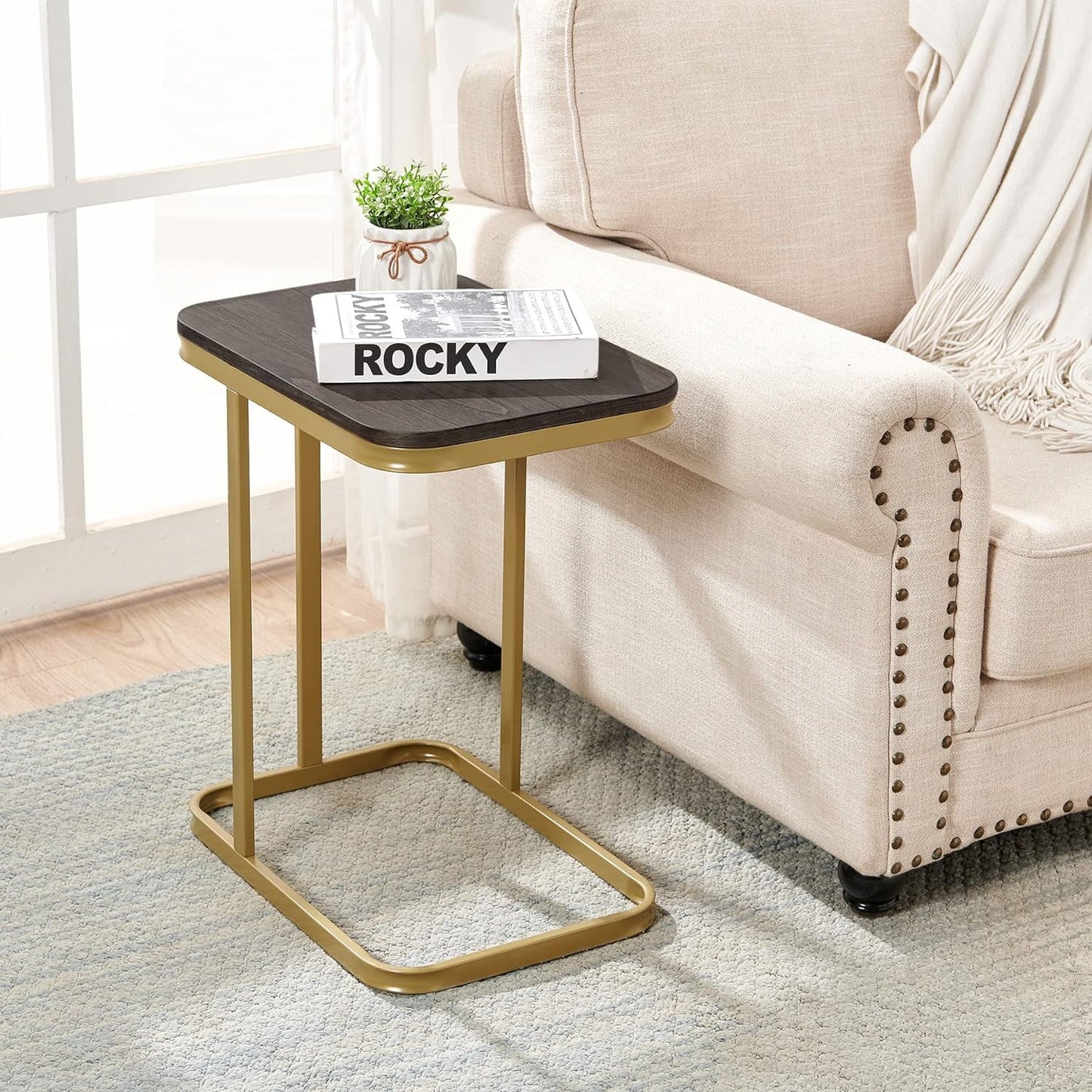 Nathaniel Home C-Shaped Sofa Side End Table, Legant Modern Sofa Side Table, Square Under Sofa Tables, with Painted Metal Frame, Gold/Black