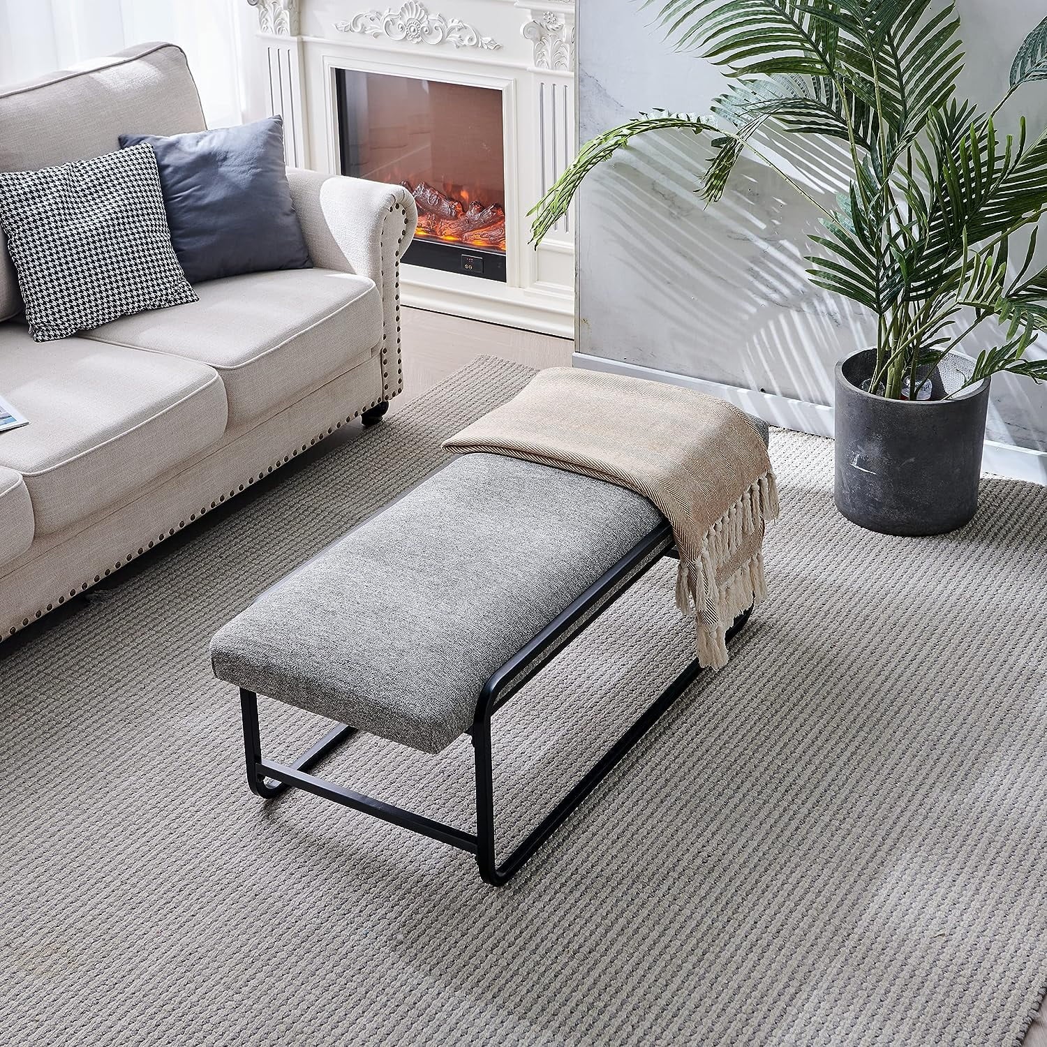 Nathaniel Home Upholstered Bedroom Benches, 48 inch Kids Ottoman Vegan Leather Footrest Stool, Accent Bench for Entryway Bedroom End of Bed, Light Gray