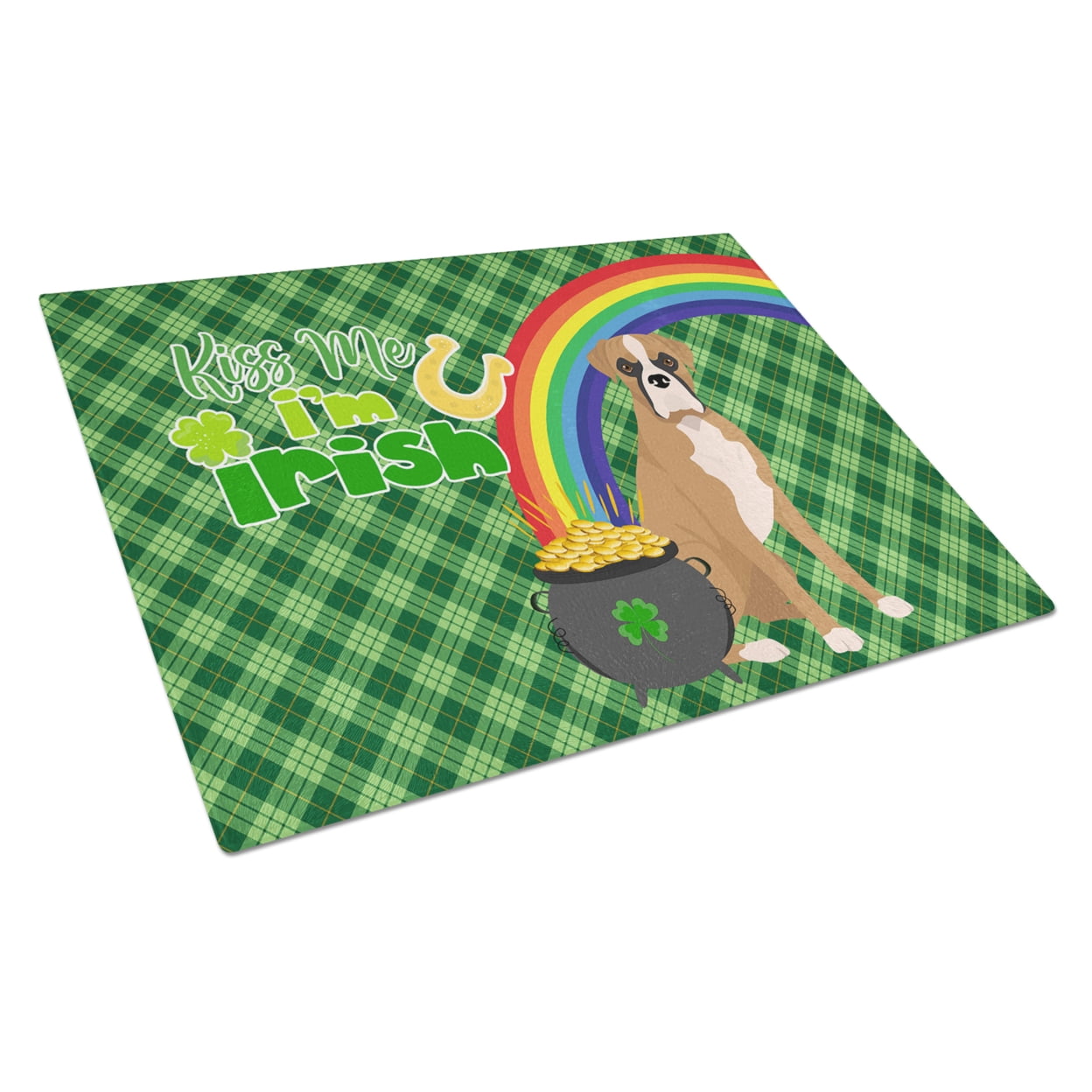 Natural Eared Fawn Boxer St. Patrick's Day Glass Cutting Board Large 12 in x 15 in