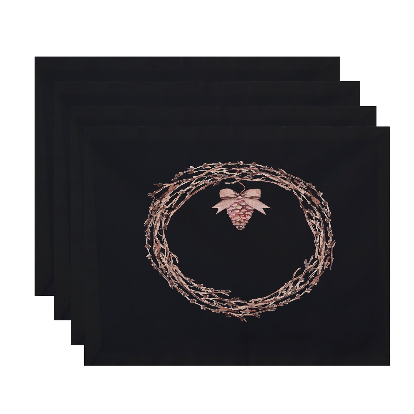 Natural Wreath 18 x 14 Inch Black Holiday Print Placemat (Set of 4)