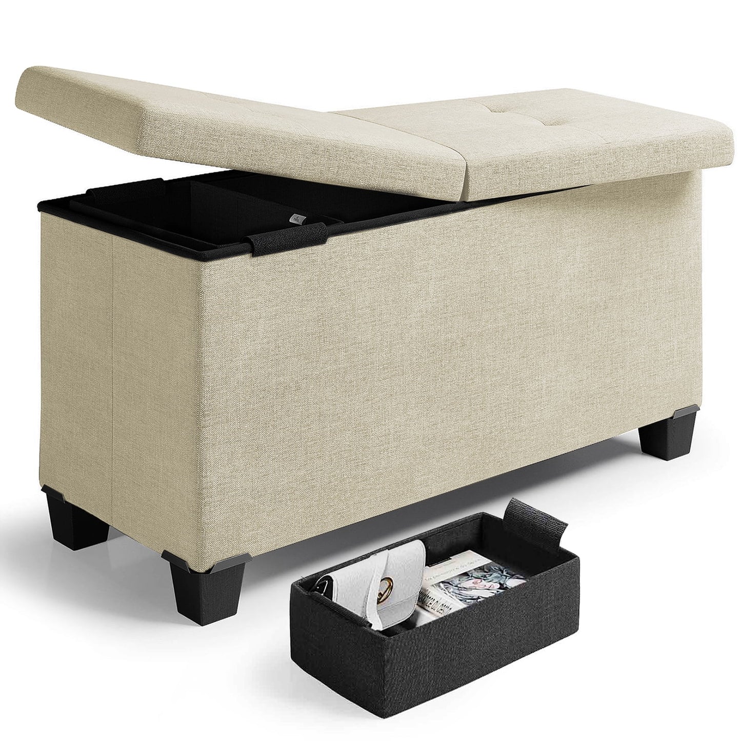 Nestl Linen Ottoman Storage Bench ,30" Bench, White