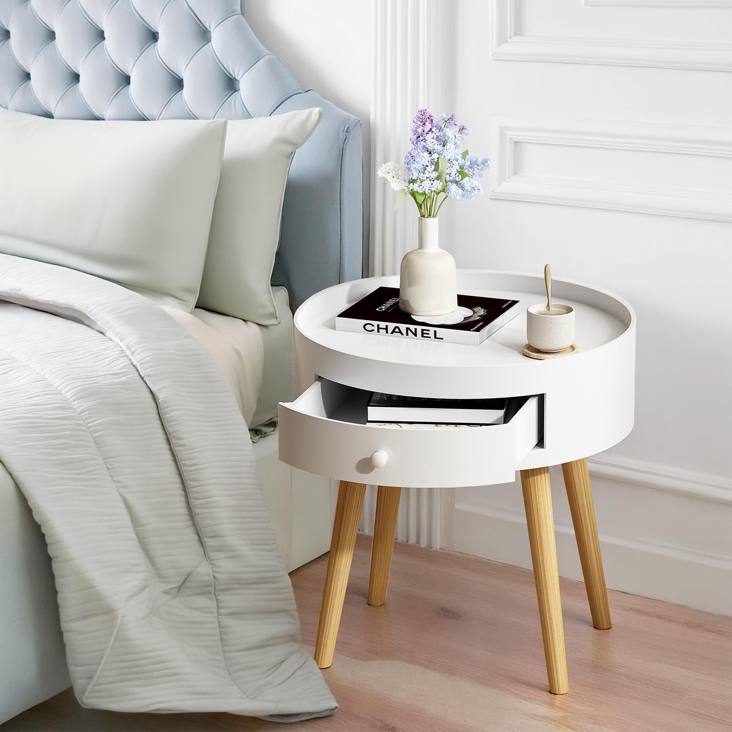 Nightstand, Small Table with Storage Drawer and Oak Legs, for Bedroom Living Room Sofa Side, White Finish