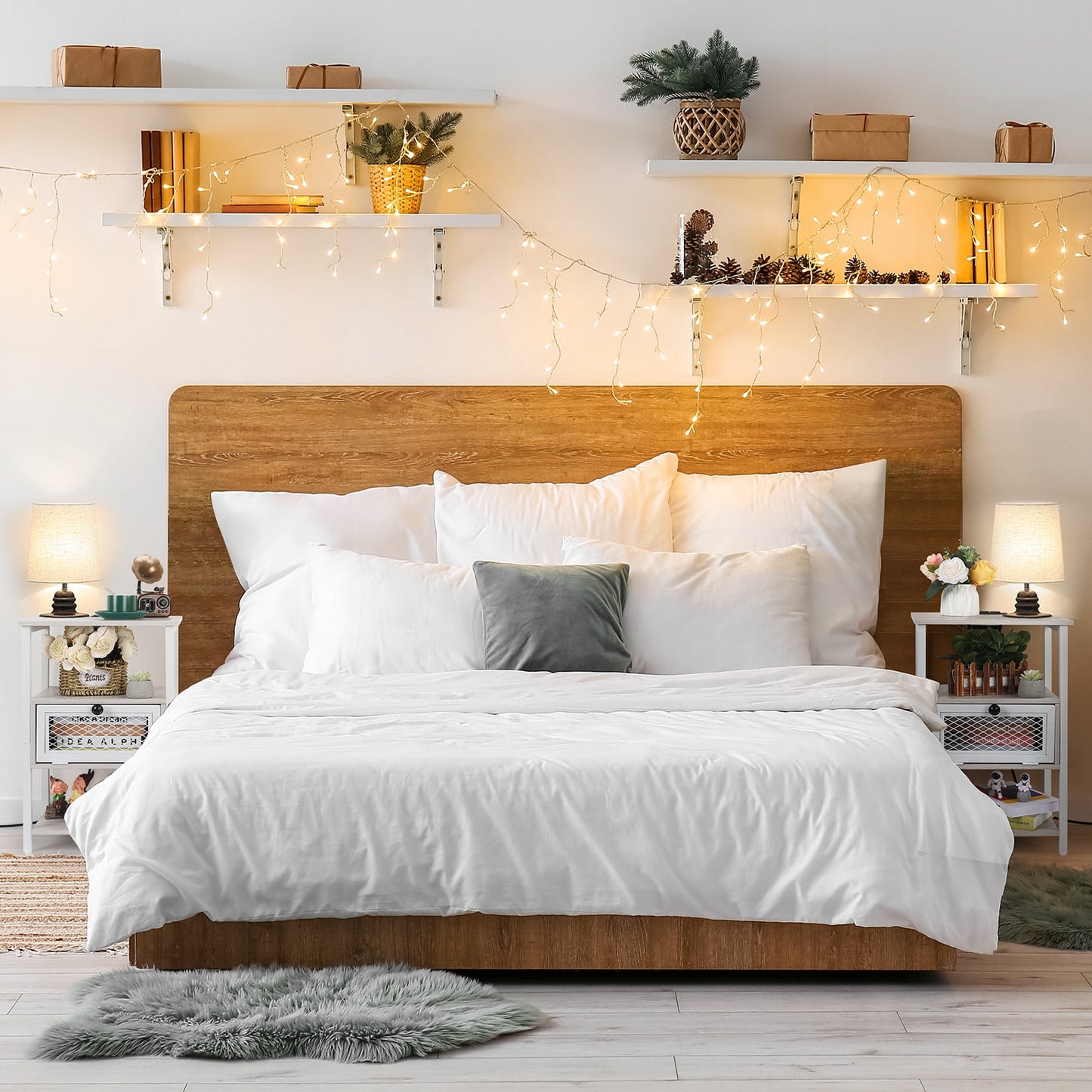 Nightstand with Charging Drawer Side Table White Set of 2