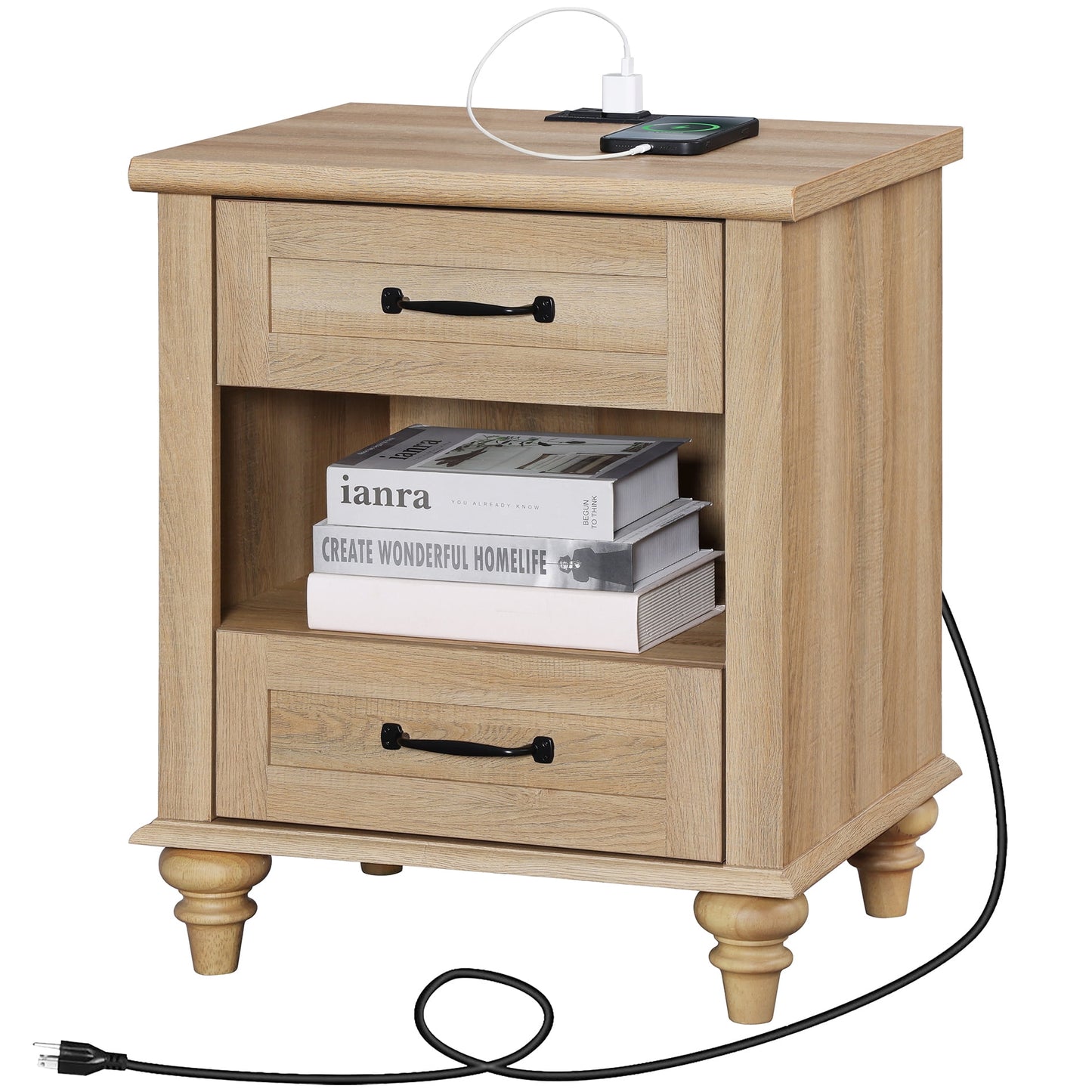 Nightstand with Charging Station, Farmhouse End Table with 2 Drawers & Open Cubby for Bedroom, Living Room, Light Rustic Oak