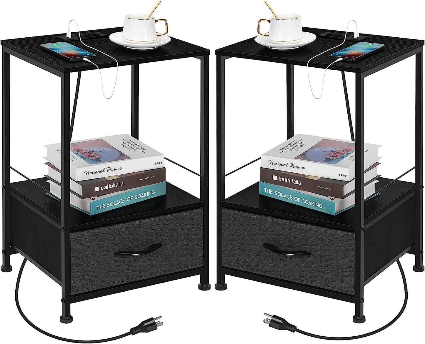 Oumilen Adult Modern Nightstand with Drawer Bedside End Table with USB Ports and Outlets, Black Set of 2
