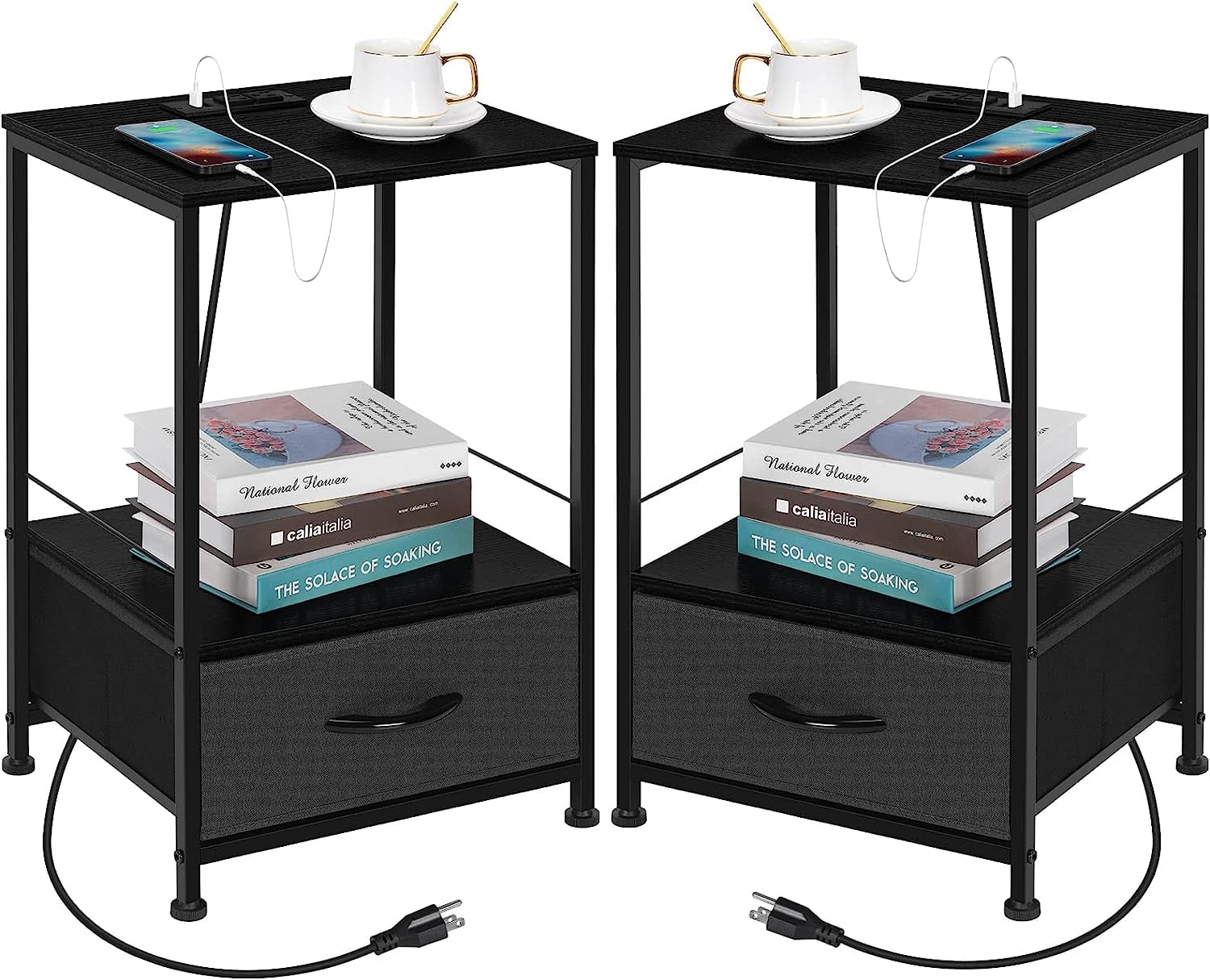 Oumilen Adult Modern Nightstand with Drawer Bedside End Table with USB Ports and Outlets, Black Set of 2