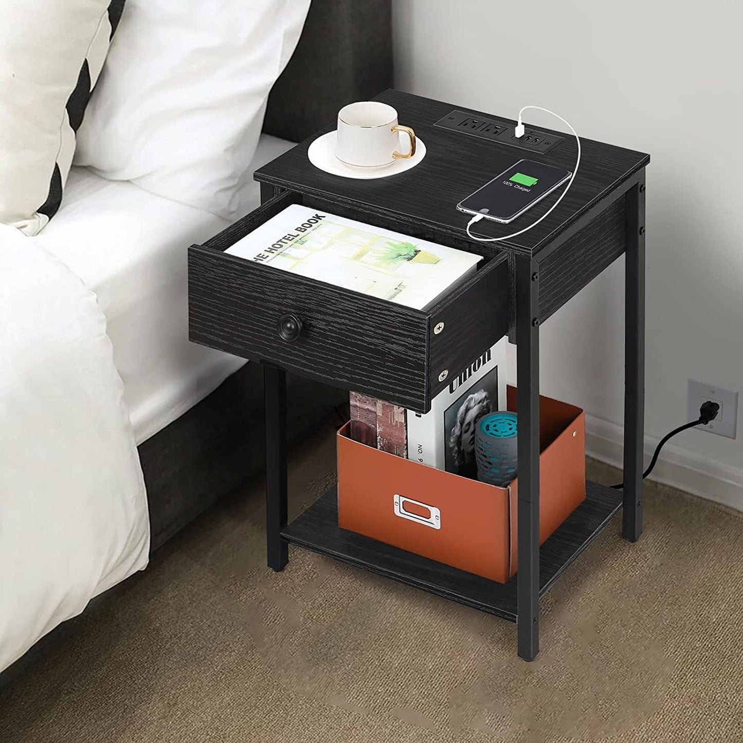 Oumilen Modern Adult Nightstand with Plug Drawer Three USB Models, White