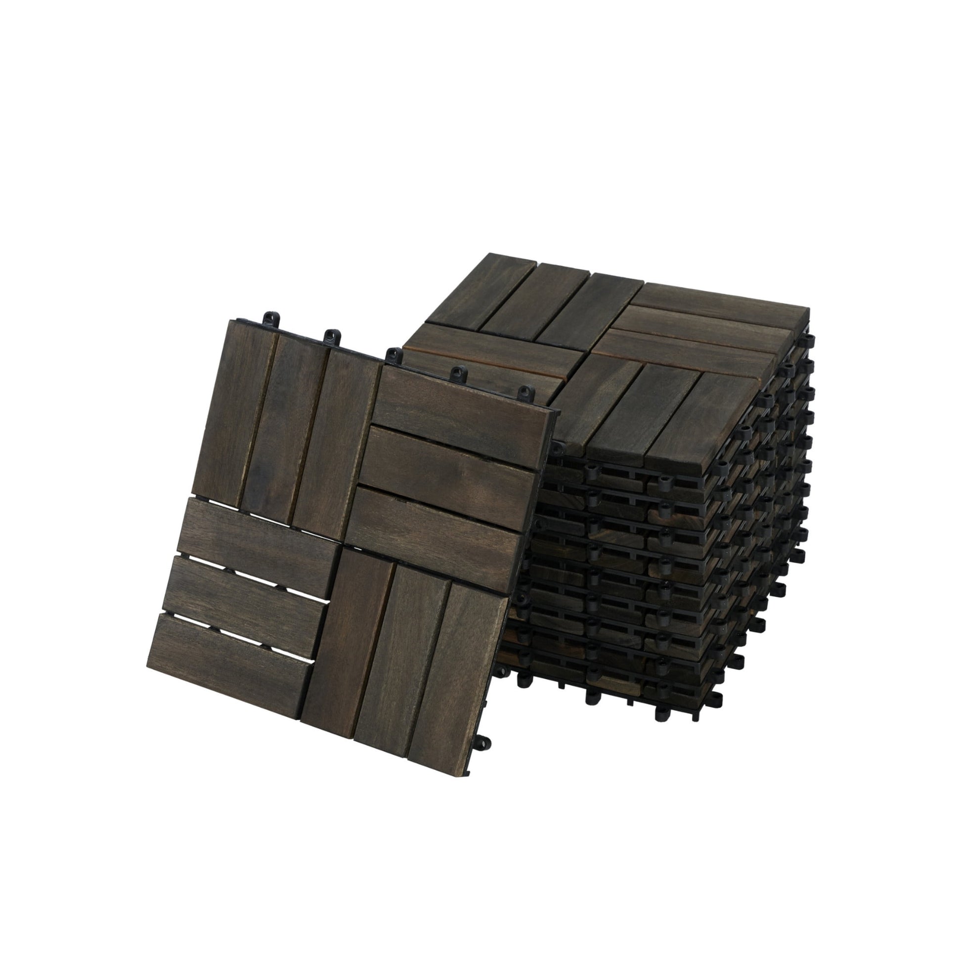 Noble House 12" Checker Acacia Wood Interlocking Deck Tiles, All-Weather Hardwood Patio Flooring, Light Gray, 30 PCS