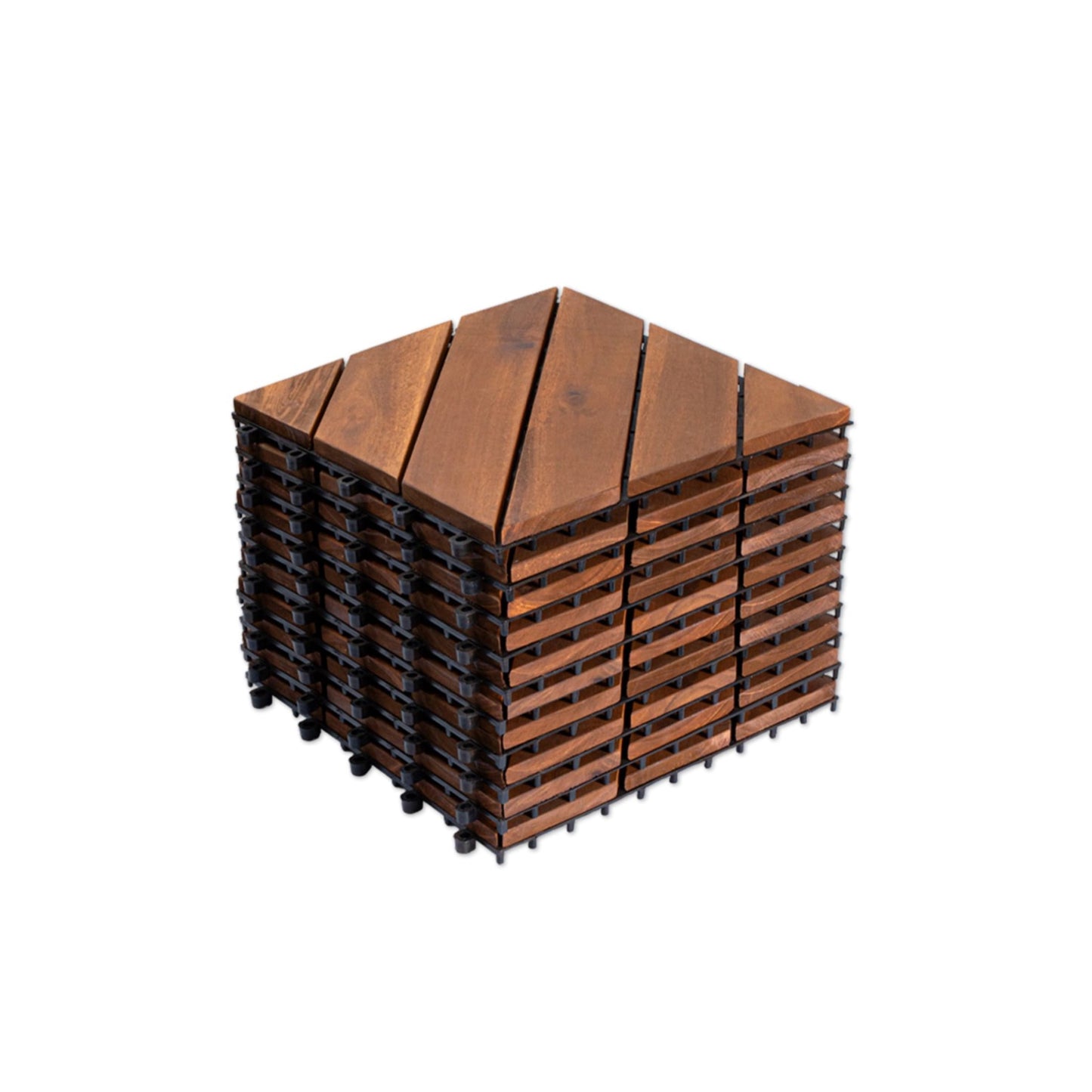 Noble House 12" x 12" Interlocking Deck Tiles, Diagonal Pattern Acacia Wood Outdoor Floor Decking, Brown, Set of 10