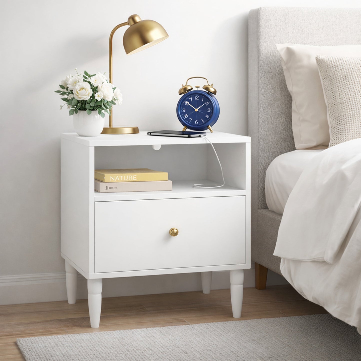 Noble House 20" Nightstand with Drawer and Open Shelf, Modern Bedside Table, Small End Table for Bedroom, White