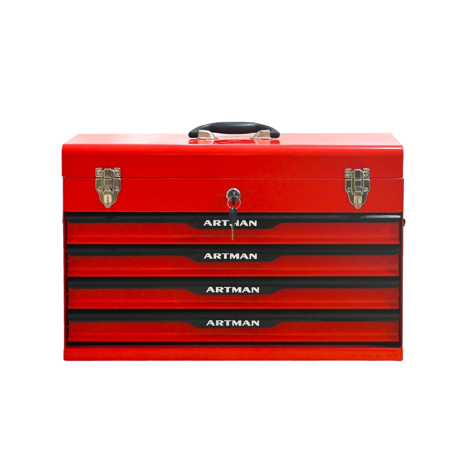Noble House 20" Steel Portable Tool Box with 3 Drawers & Lock Closure, Ball Bearing Slide Organizer Chest, Red