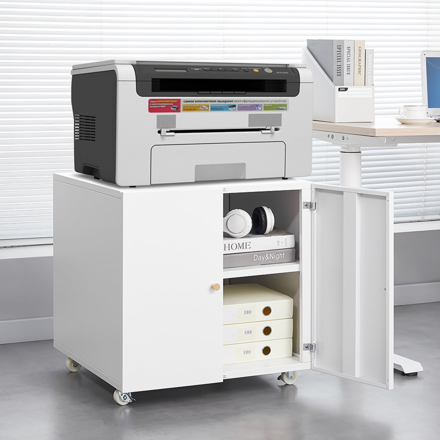 Noble House 23.6"H Metal Printer Stand Cabinet with 360Â° Lockable Wheels & Adjustable Shelves, White