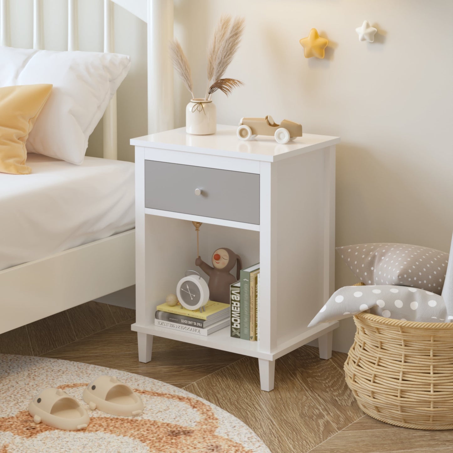 Noble House 26.8" Kids and Adults Wooden Nightstand, 1-Drawer  Bedside Table with Shelf, Silver Handle, White & Gray