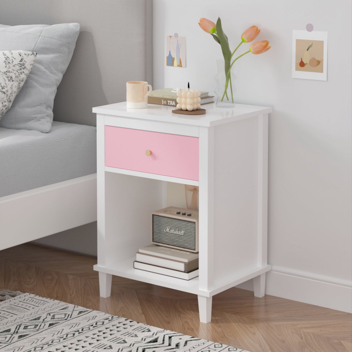 Noble House 26.8" Kids and Adults Wooden Nightstand, 1-Drawer  Bedside Table with Shelf, Silver Handle, White & Pink