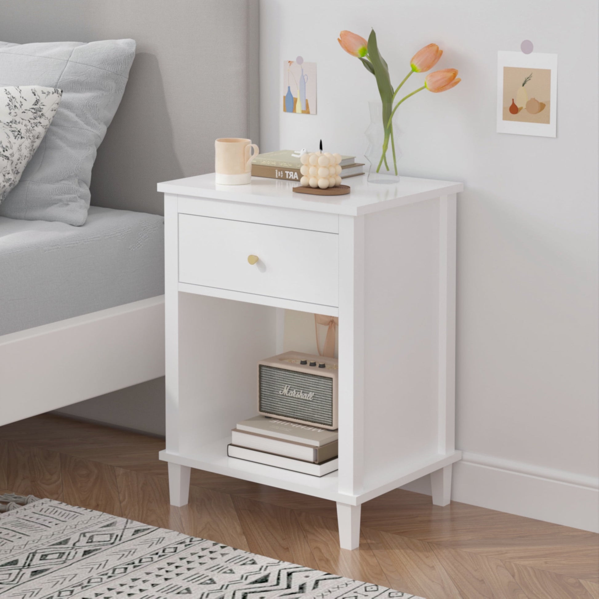 Noble House 26.8" Kids and Adults Wooden Nightstand, 1-Drawer  Bedside Table with Shelf, Silver Handle, White & Navy