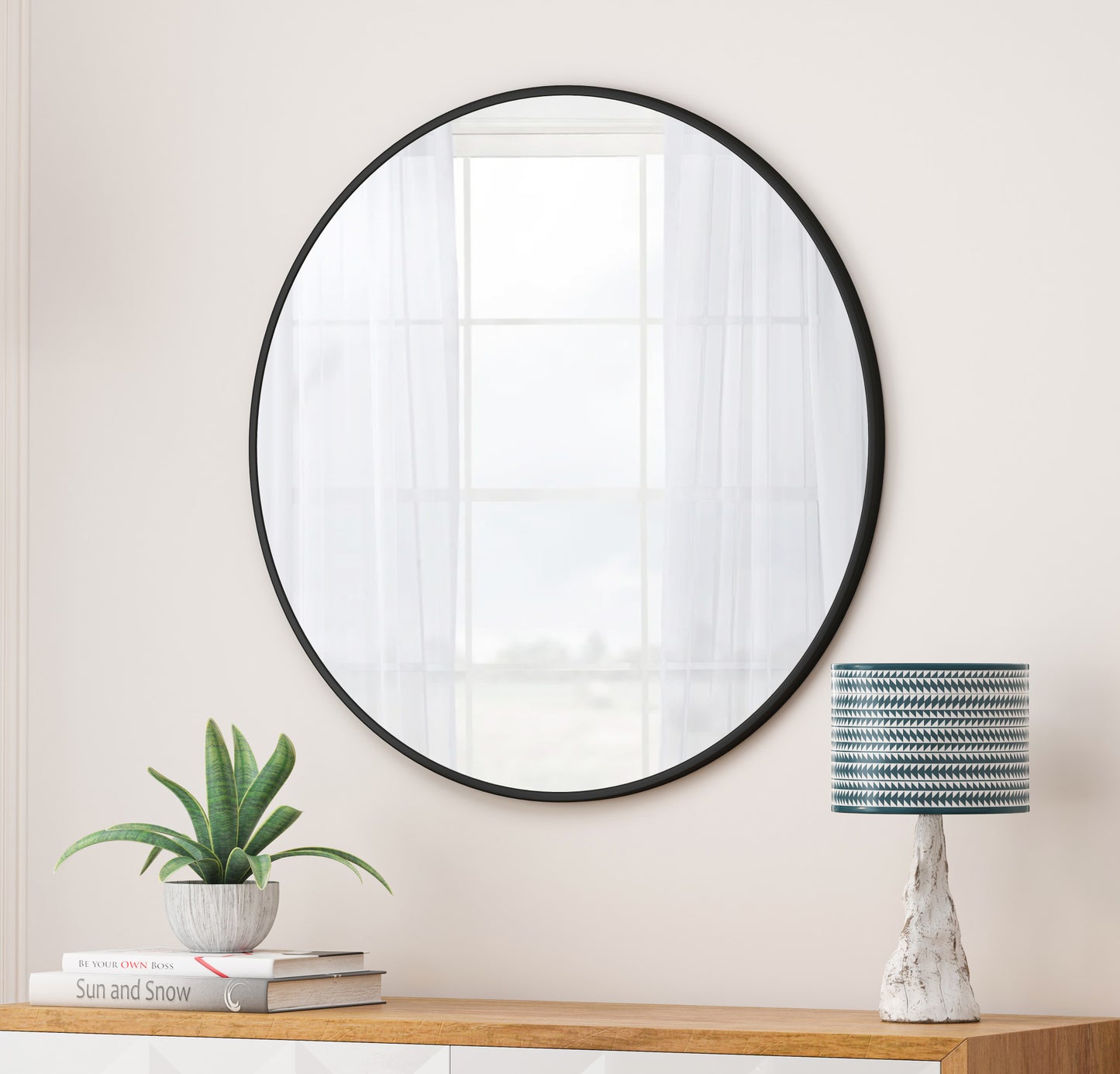 Noble House 36" Circular Wall Mirror, Metal-Framed Moisture-Resistant Vanity Mirror, for Bathroom, Wall Decor, Black
