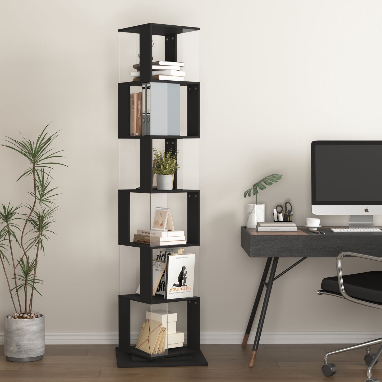 Noble House 6-Tier Rotating Bookshelf, Floor Standing Bookcase with Acrylic Panels, Black