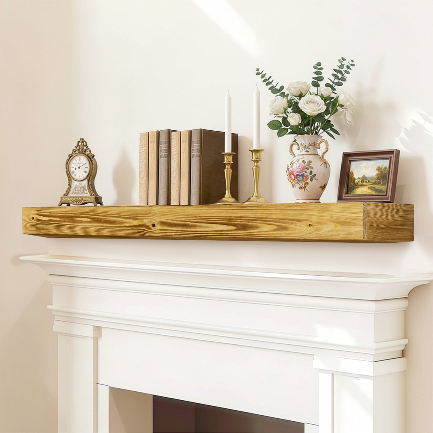 Noble House 60" Fireplace Mantel, Rustic Floating Wood Shelf with Invisible Brackets for Living Room, Brown