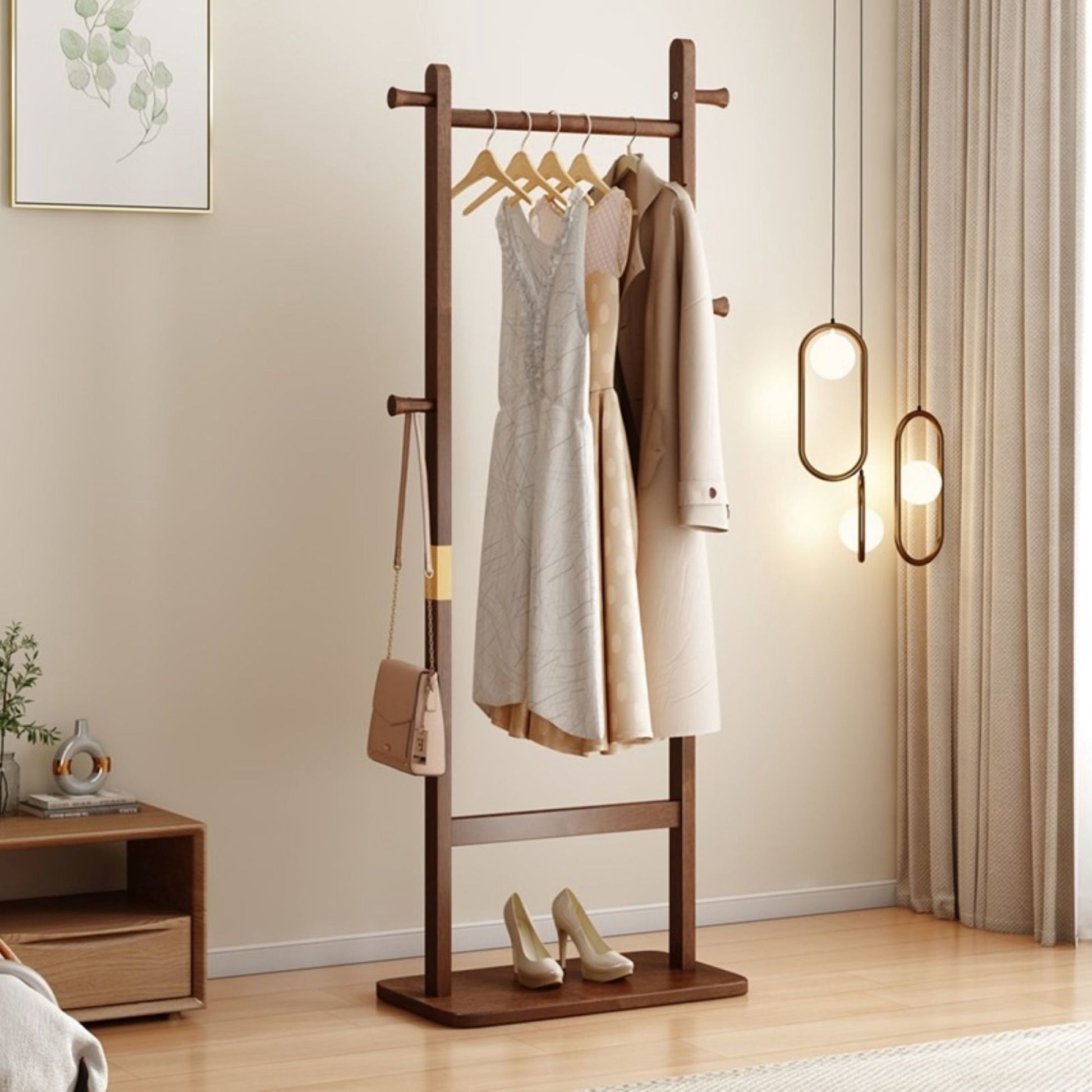 Noble House 64" Solid Rubber Wood Coat Rack, Freestanding Garment Hanger, Space-Saving Entryway Stand, Walnut