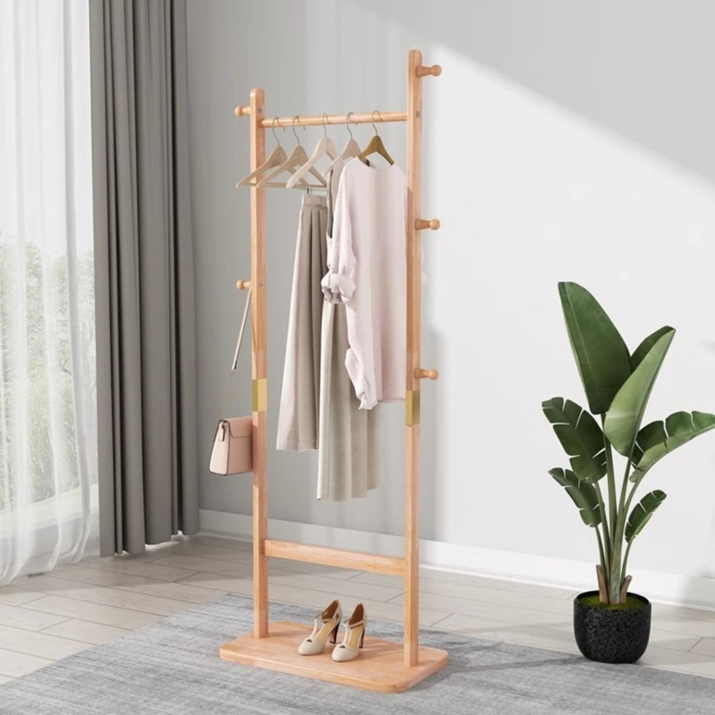 Noble House 71" Solid Rubber Wood Coat Rack, Freestanding Garment Hanger, Space-Saving Entryway Stand, Natural