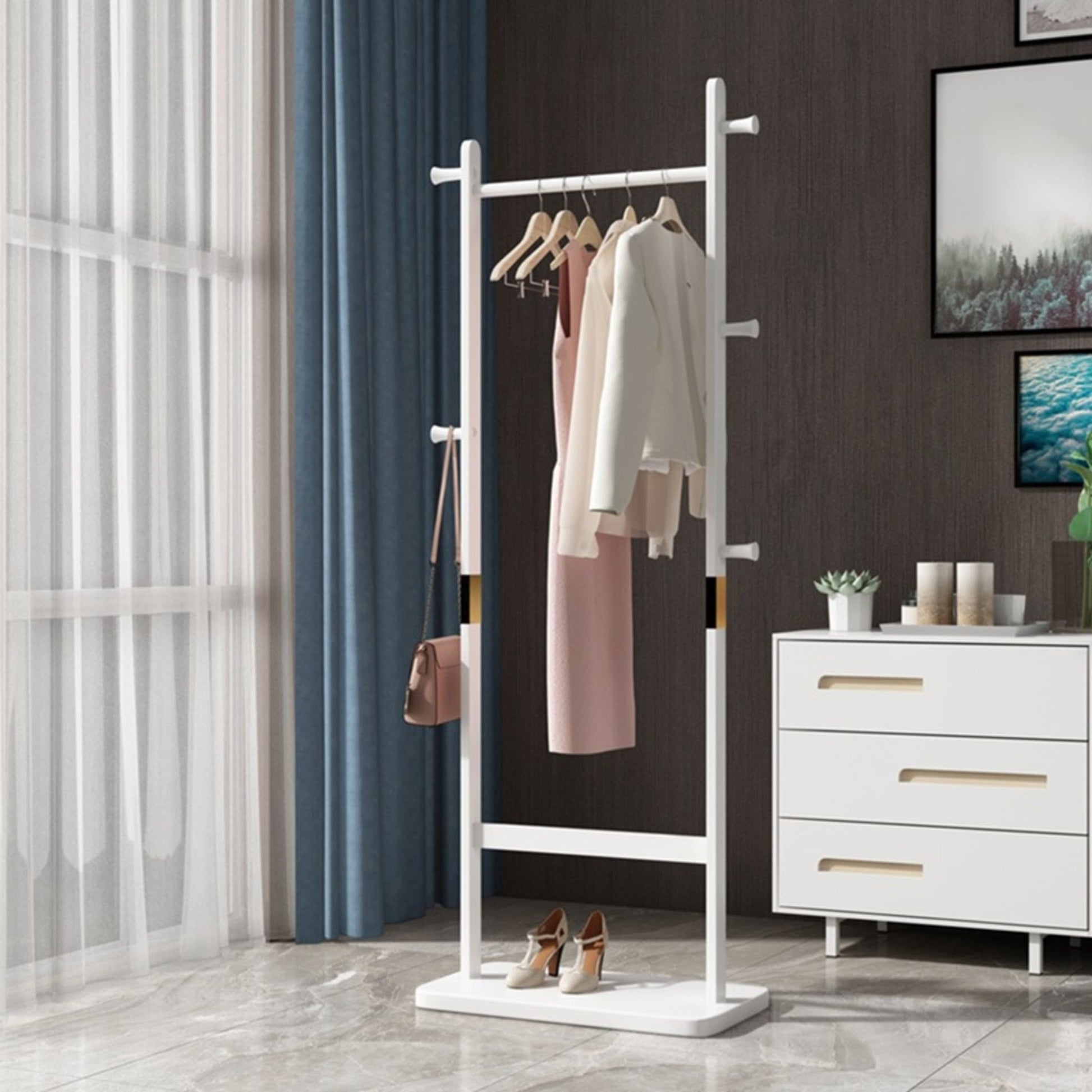 Noble House 71" Solid Rubber Wood Coat Rack, Freestanding Garment Hanger, Space-Saving Entryway Stand, White