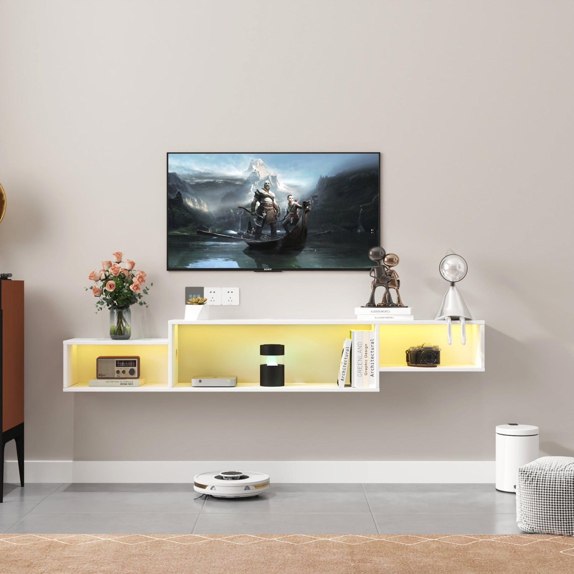 Noble House Brynn 65.35" Floating TV Stand, 20-Color LED with Remote, Charging Station, Wall-Mounted Shelf, White