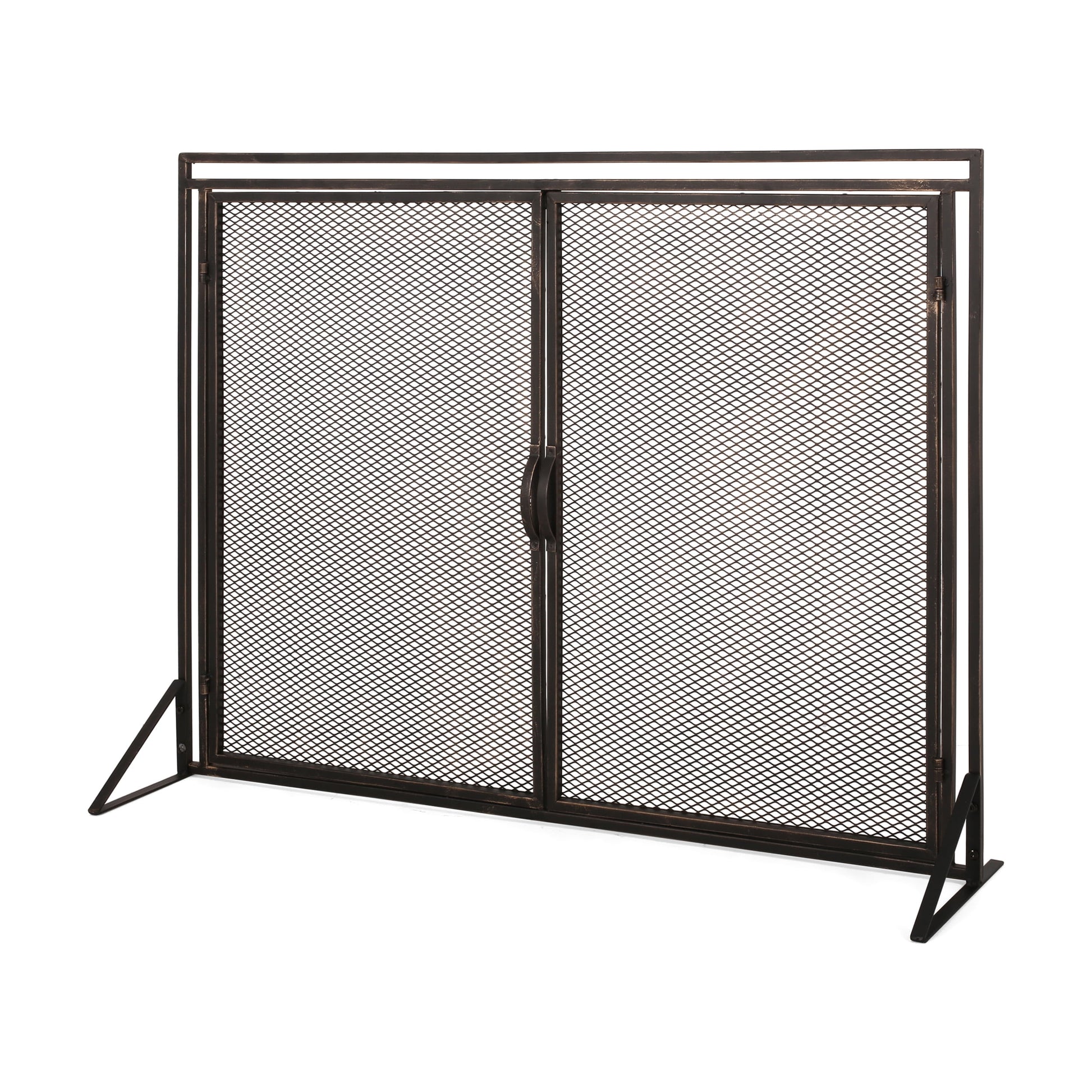 Noble House Cartwright Metal 2 Door Fireplace Screen, Black Brushed Gold
