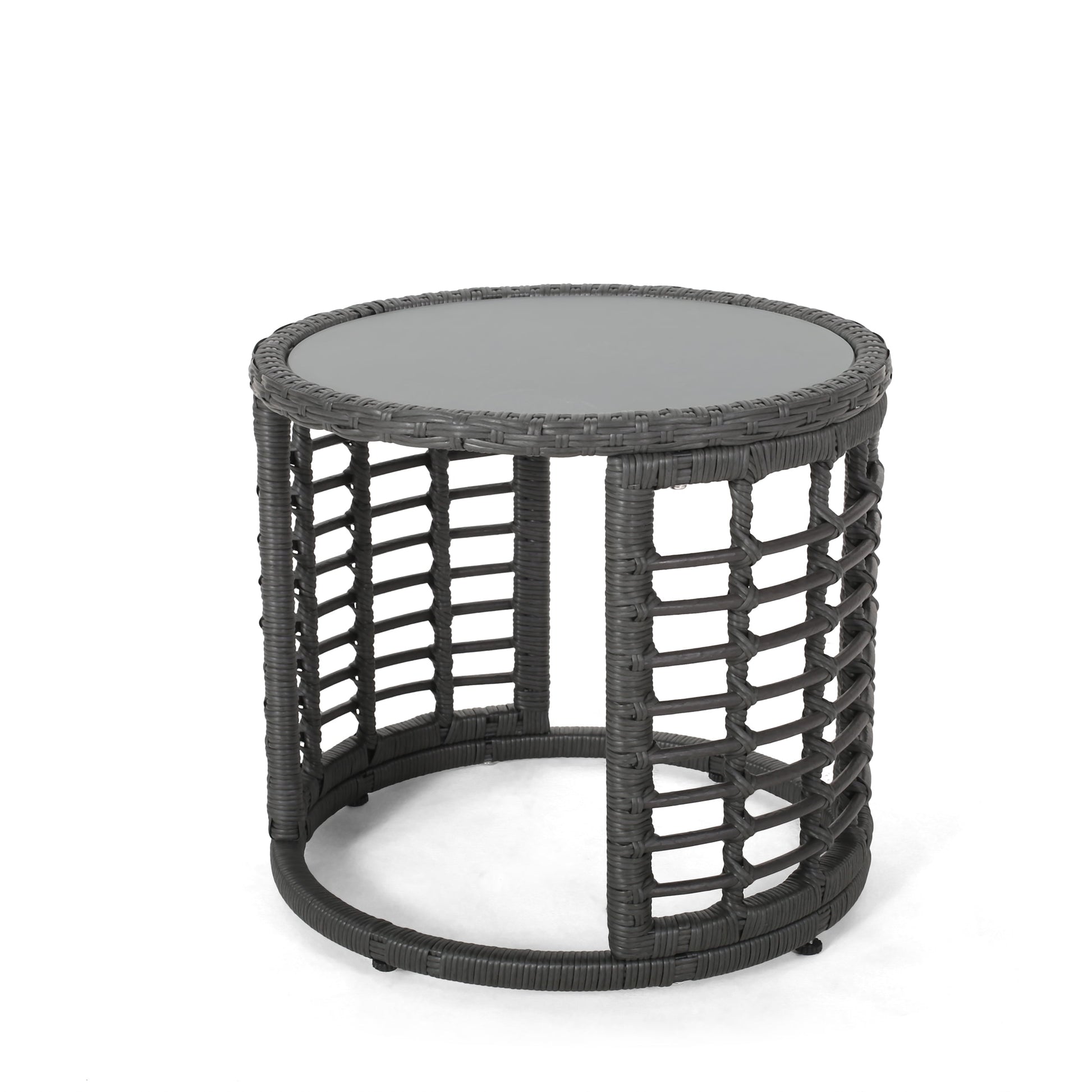 Noble House Caspian Indoor Modern Boho Wicker Side Table with Tempered Glass Top, Gray