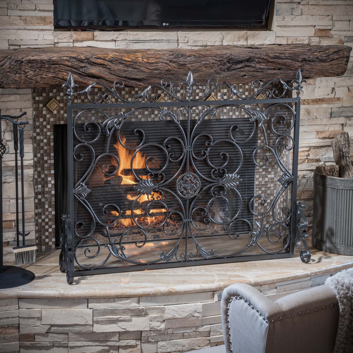Noble House Crenshaw Iron Fireplace Screen, Silver Flower on Black
