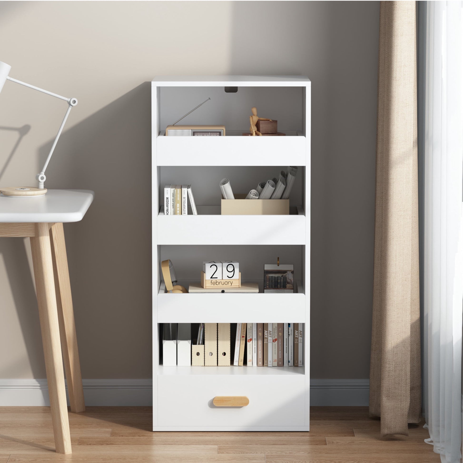 Noble House Darcy 42" Vertical Bookshelf, 4-Tier Bookcase with Sliding Drawers and Bottom Drawer, Kid Room, White