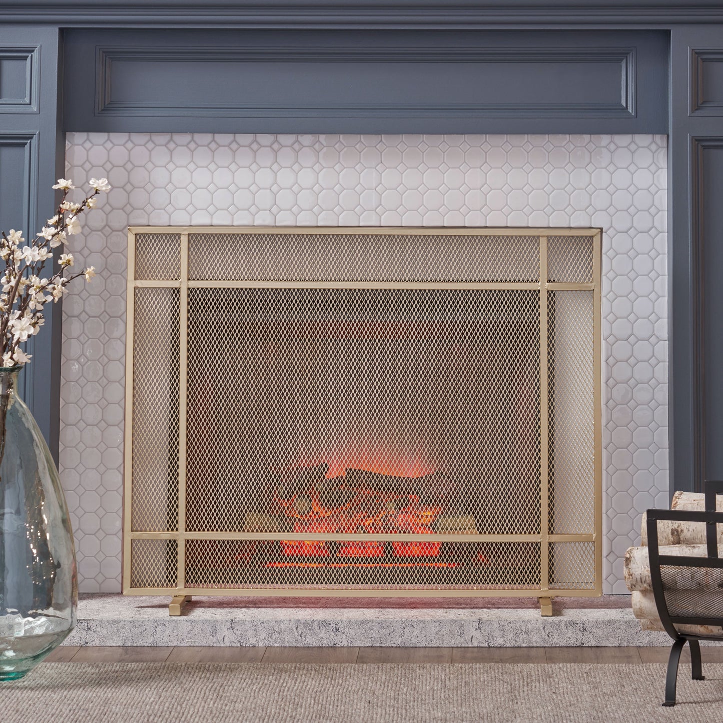 Noble House Houston Modern Single Panel Iron Firescreen, Gold Finish