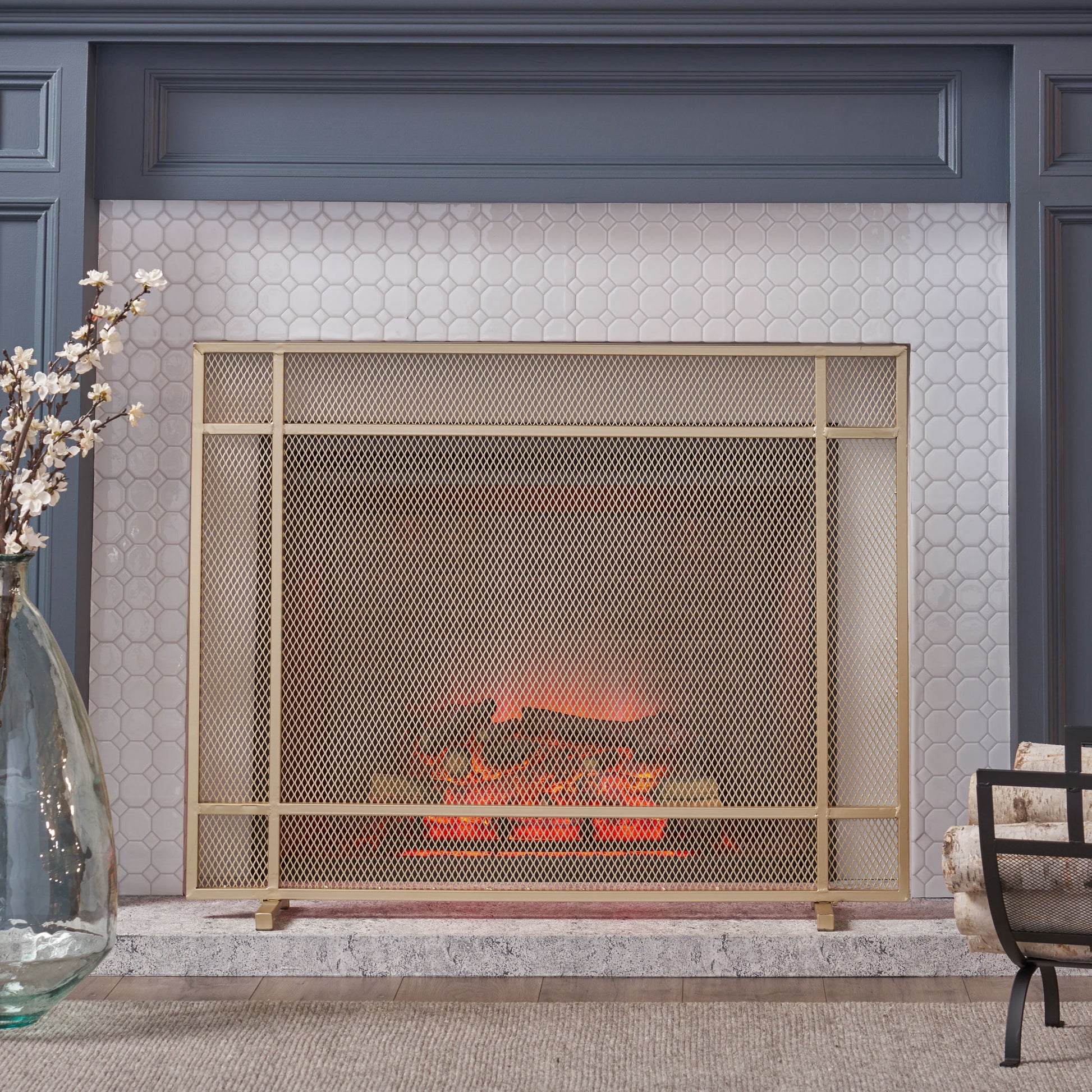 Noble House Houston Modern Single Panel Iron Firescreen, Gold Finish