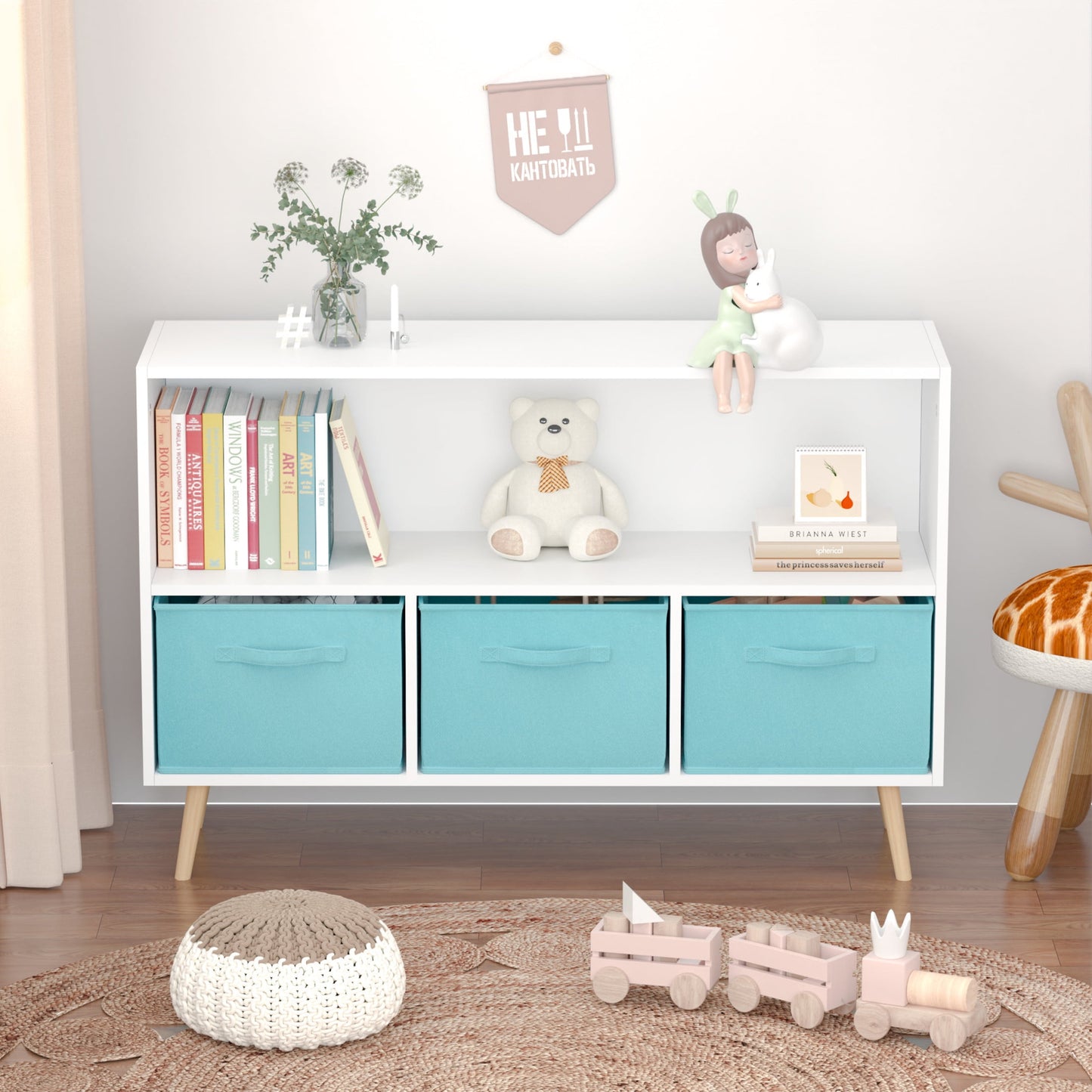 Noble House Kids Bookcase with Fabric Bins, Pine Toy Storage Organizer Shelf, Children's Book Display, White and Blue