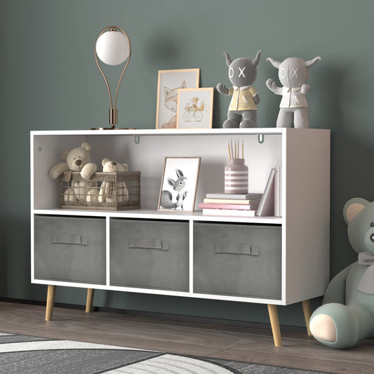 Noble House Kids Bookcase with Fabric Bins, Pine Toy Storage Organizer Shelf, Children's Book Display, White and Gray