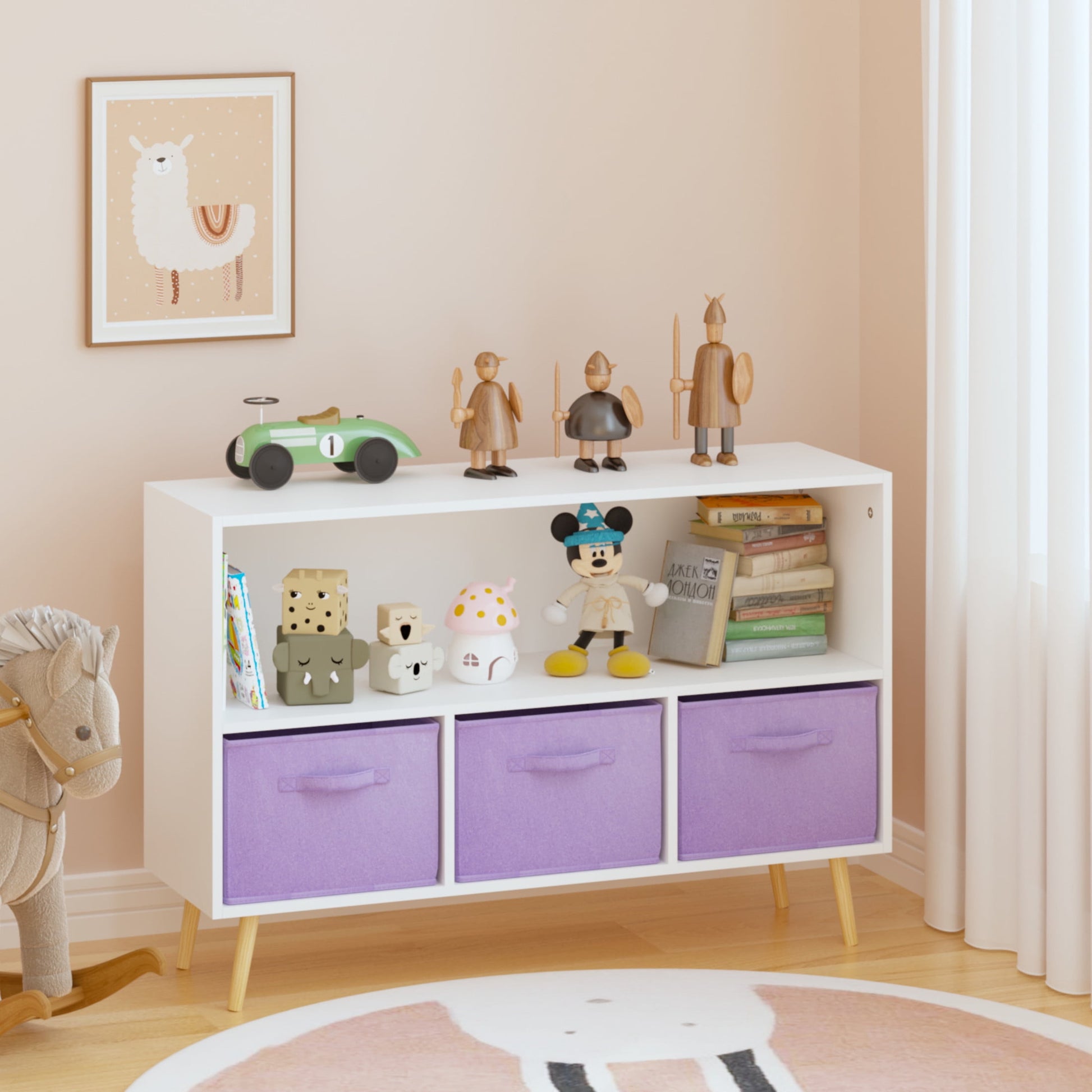 Noble House Kids Bookcase with Fabric Bins, Pine Toy Storage Organizer Shelf, Children's Book Display, White and Purple