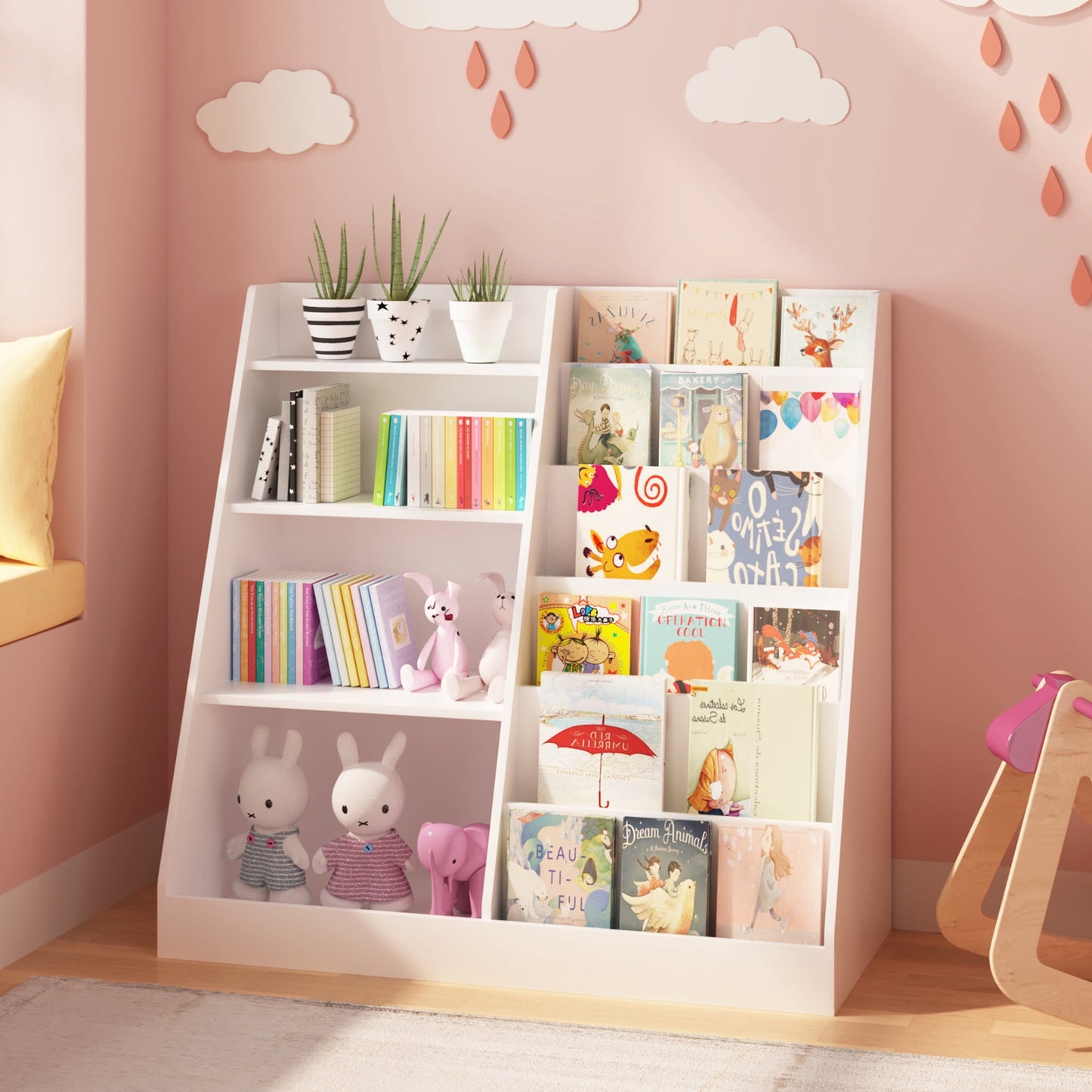 Noble House Kids Bookshelf and Toy Storage Organizer, 4-Tier Wooden Bookcase for Nursery, Playroom, White