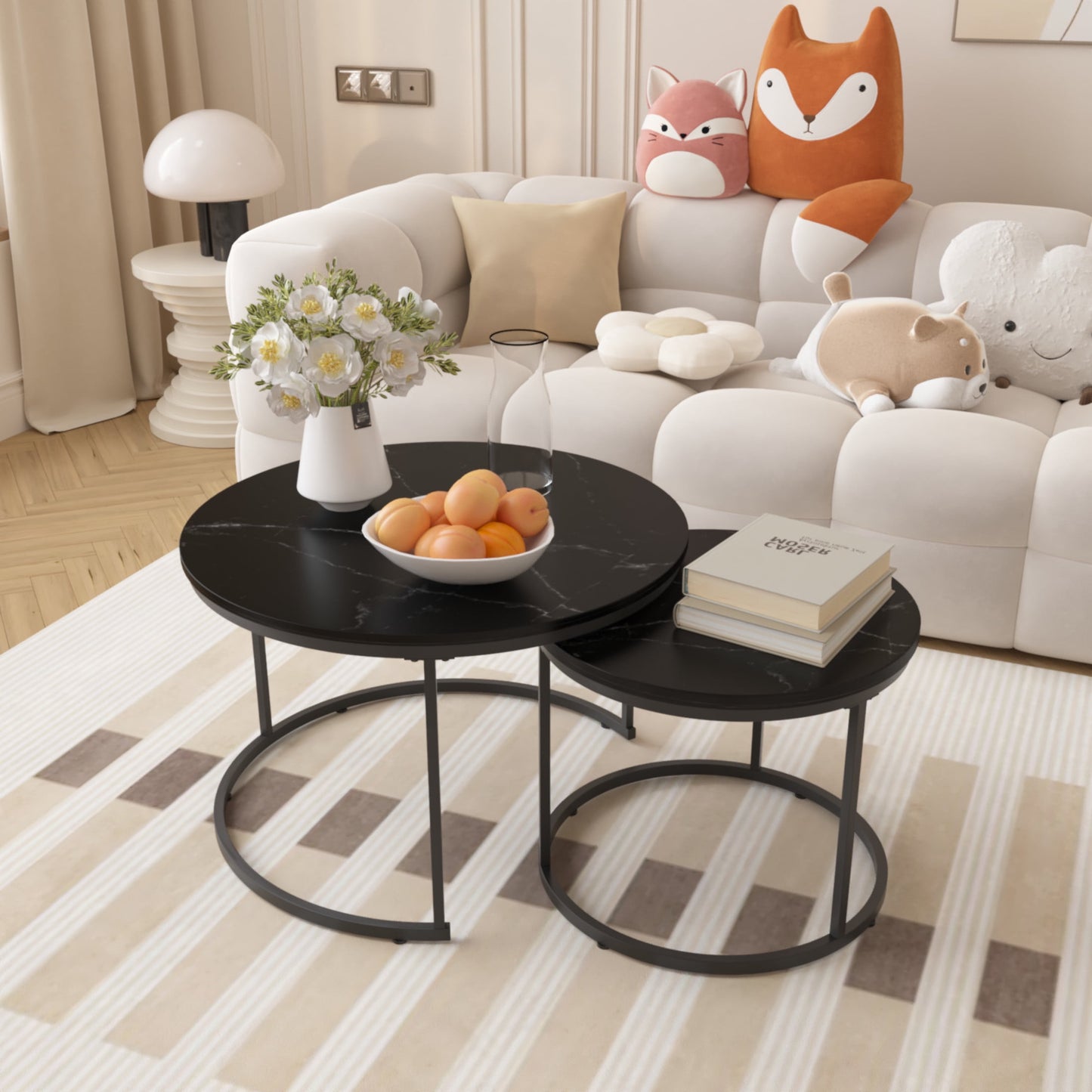 Noble House Lazura 27.6" Marble Look Nesting Coffee Table Set, Round MDF Top with Metal Base, Black, Set of 2