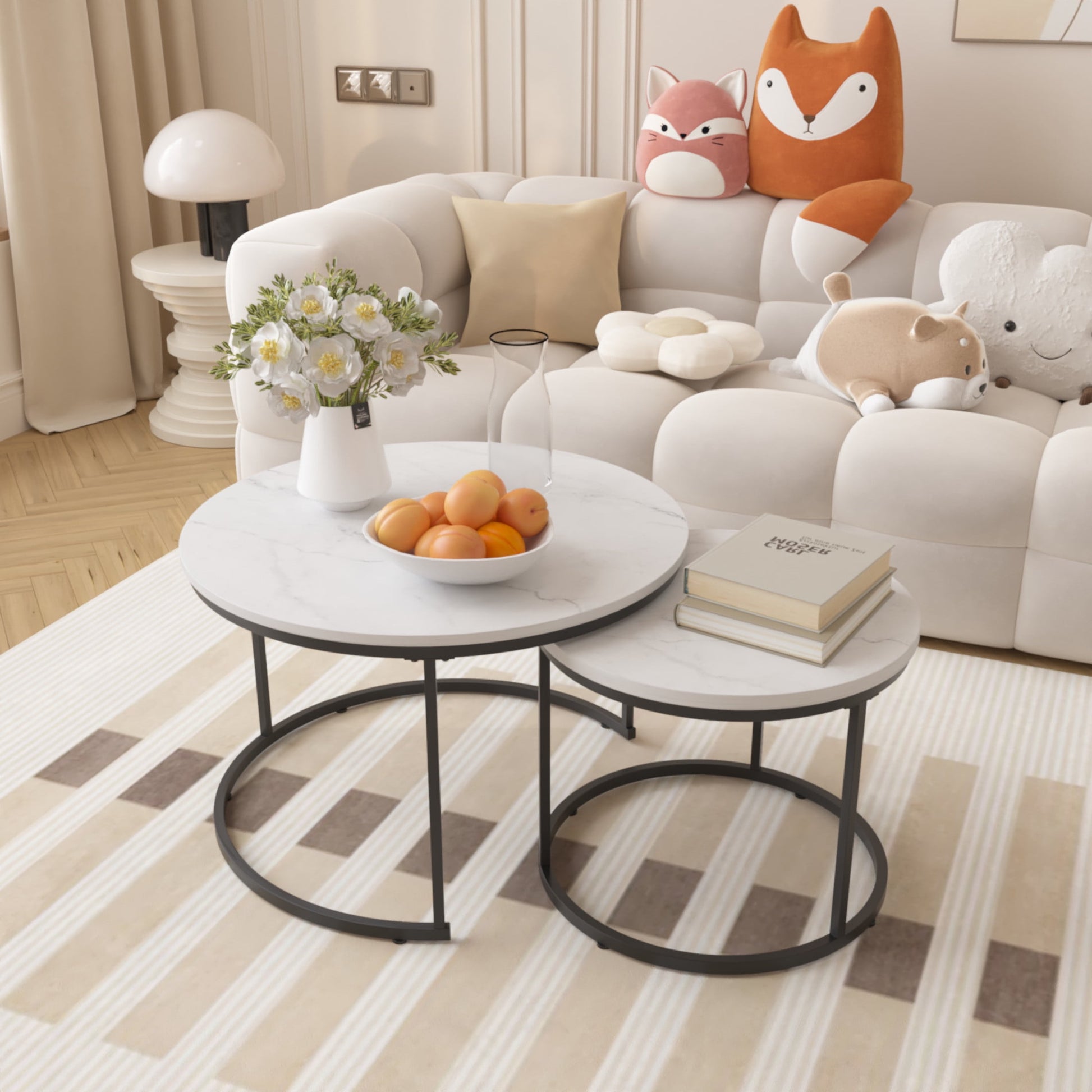 Noble House Lazura 27.6" Marble Look Nesting Coffee Table Set, Round MDF Top with Metal Base, White, Set of 2
