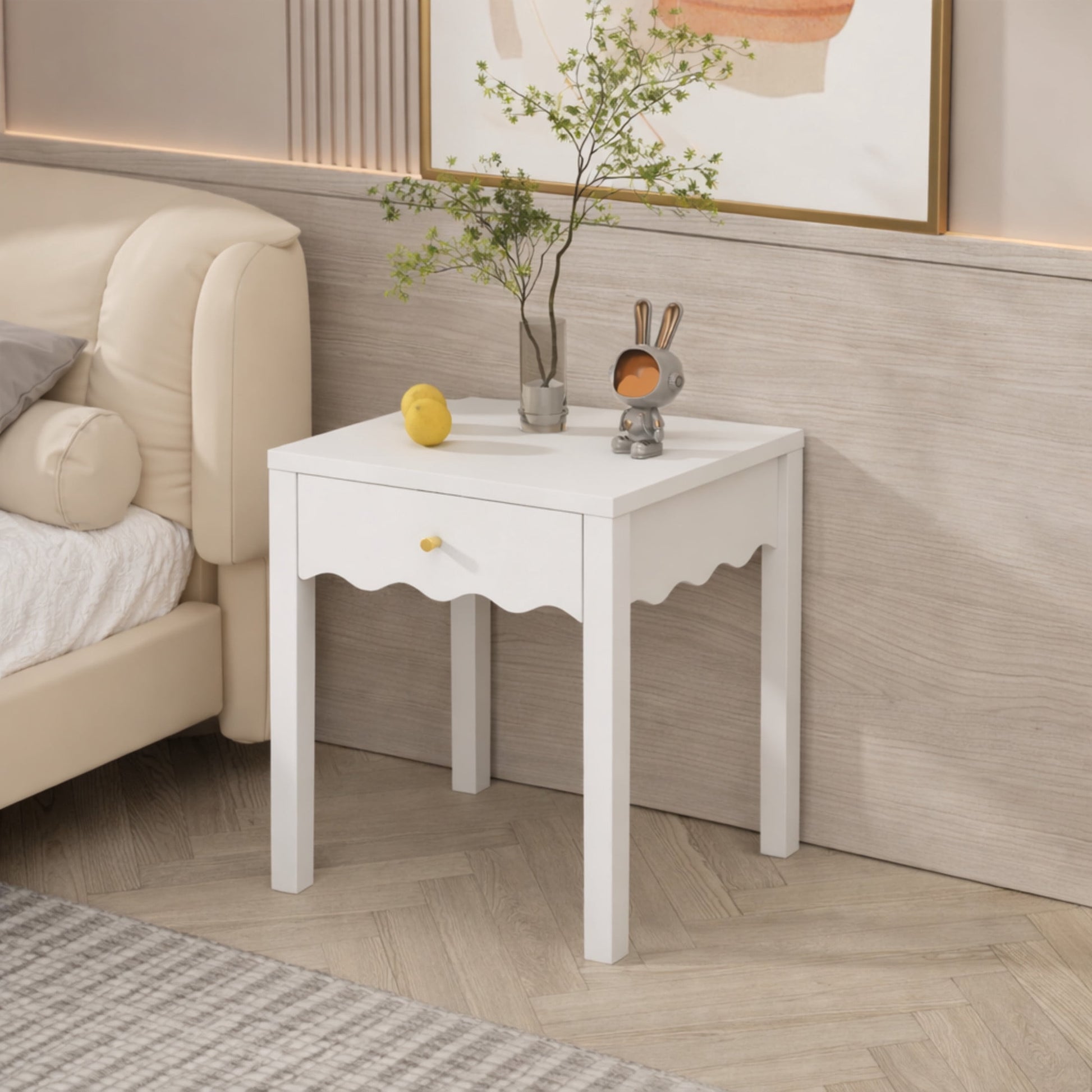 Noble House Nightstand with Drawer, Modern Bedside Table with Wavy Apron Design, Compact End Table, White