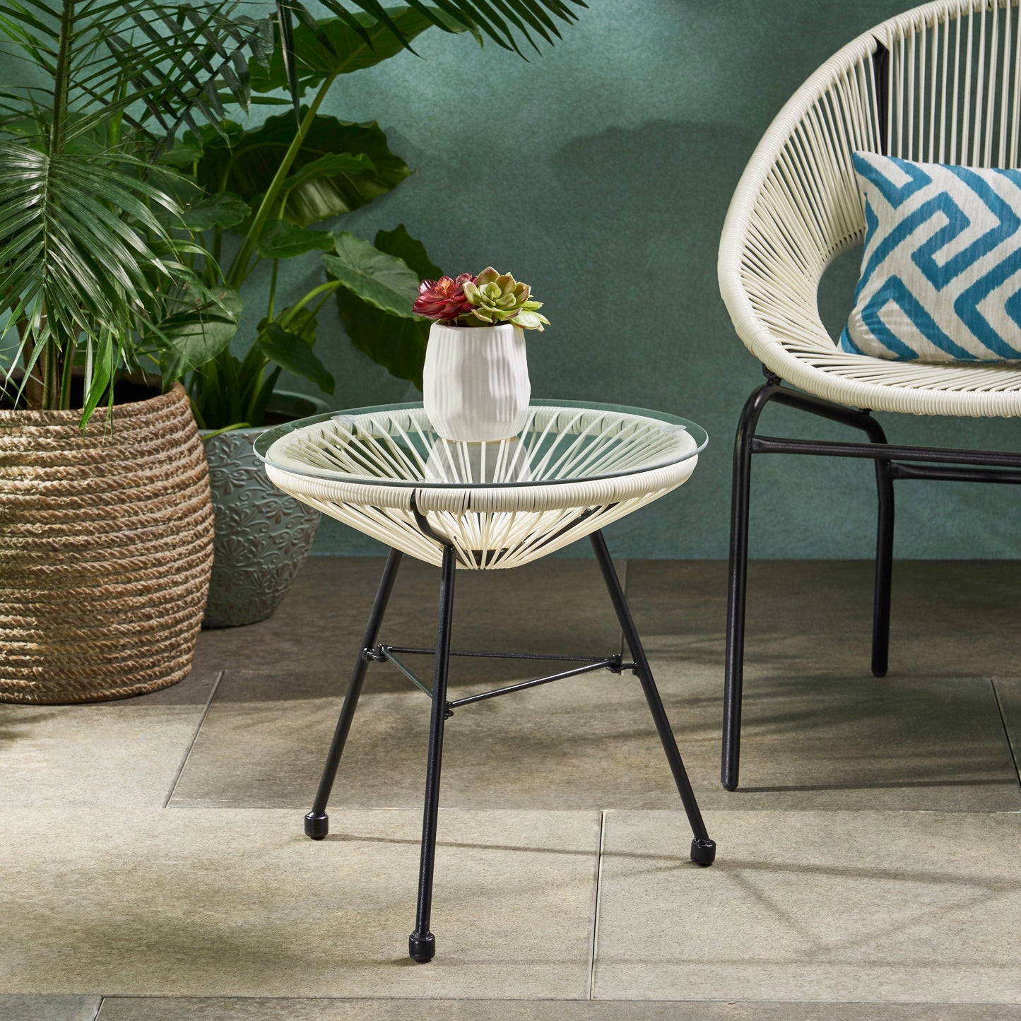 Noble House Nusa Outdoor Tempered Glass Top Faux Rattan Side Table in Black