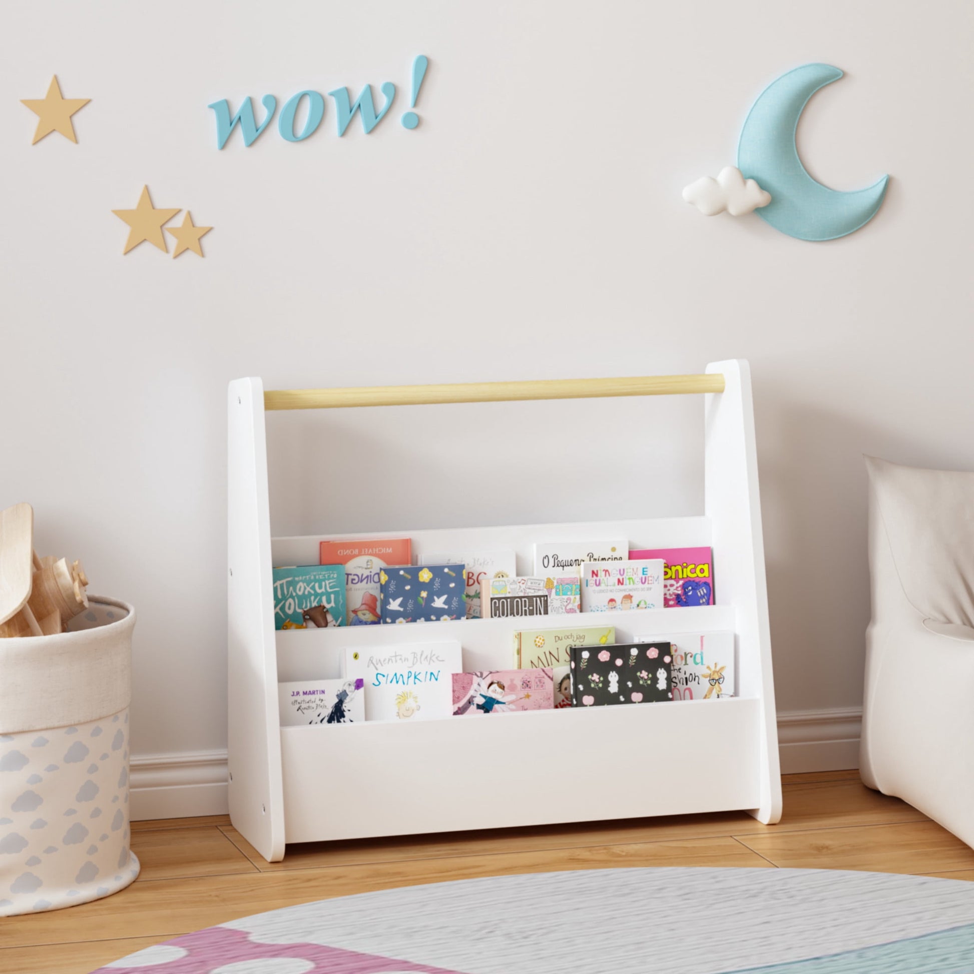 Noble House Prix 2-Tier Front-Facing Toddler Bookshelf with Portable Wooden Handle, Kids Book Storage Organizer, White